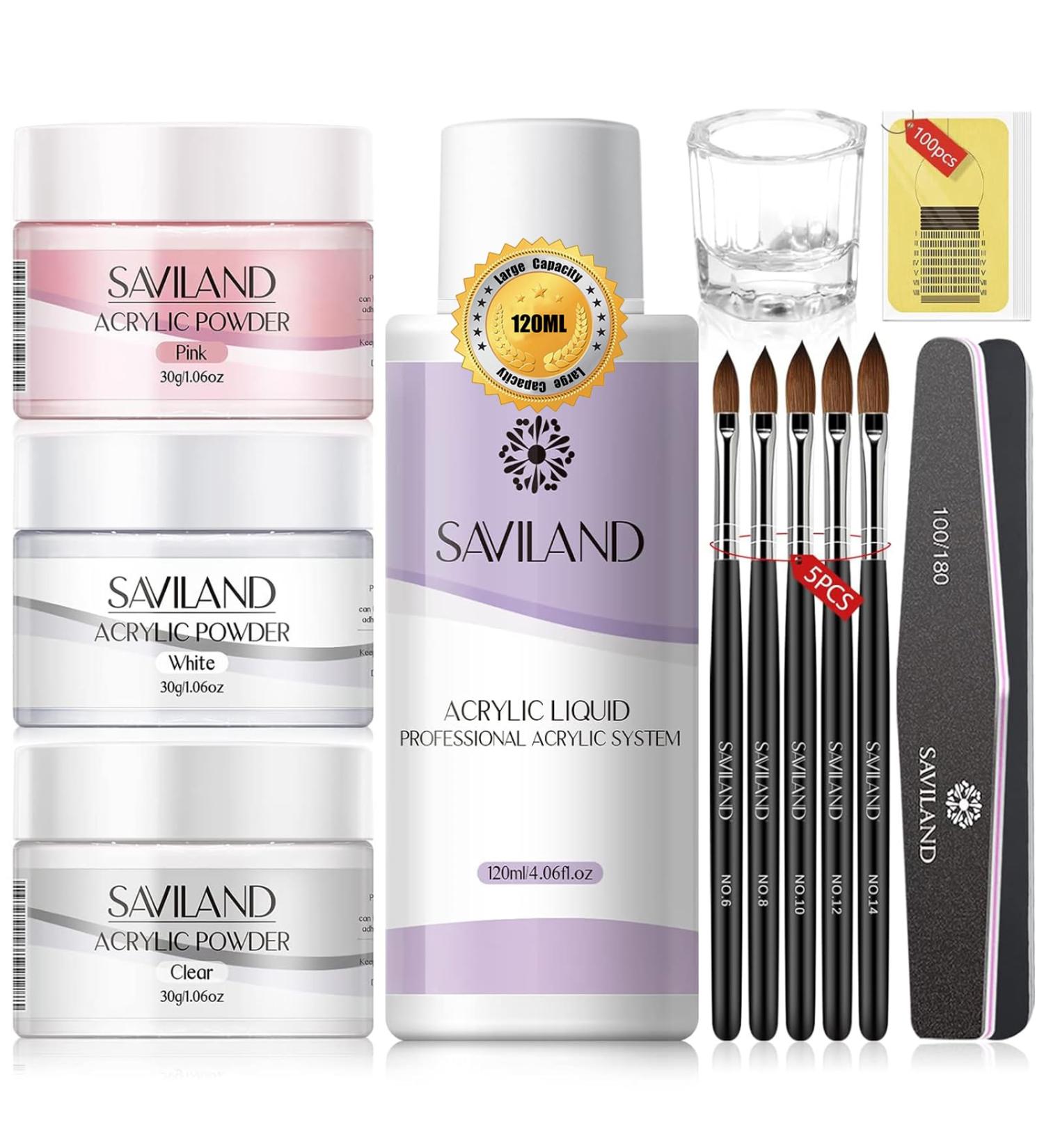 Saviland Acrylic Nail Kit - 30g Clear Pink & White Powder 120ml Liquid Set for Beginners | DIY Nail Art Extension - Buy Online on GoSupps.com