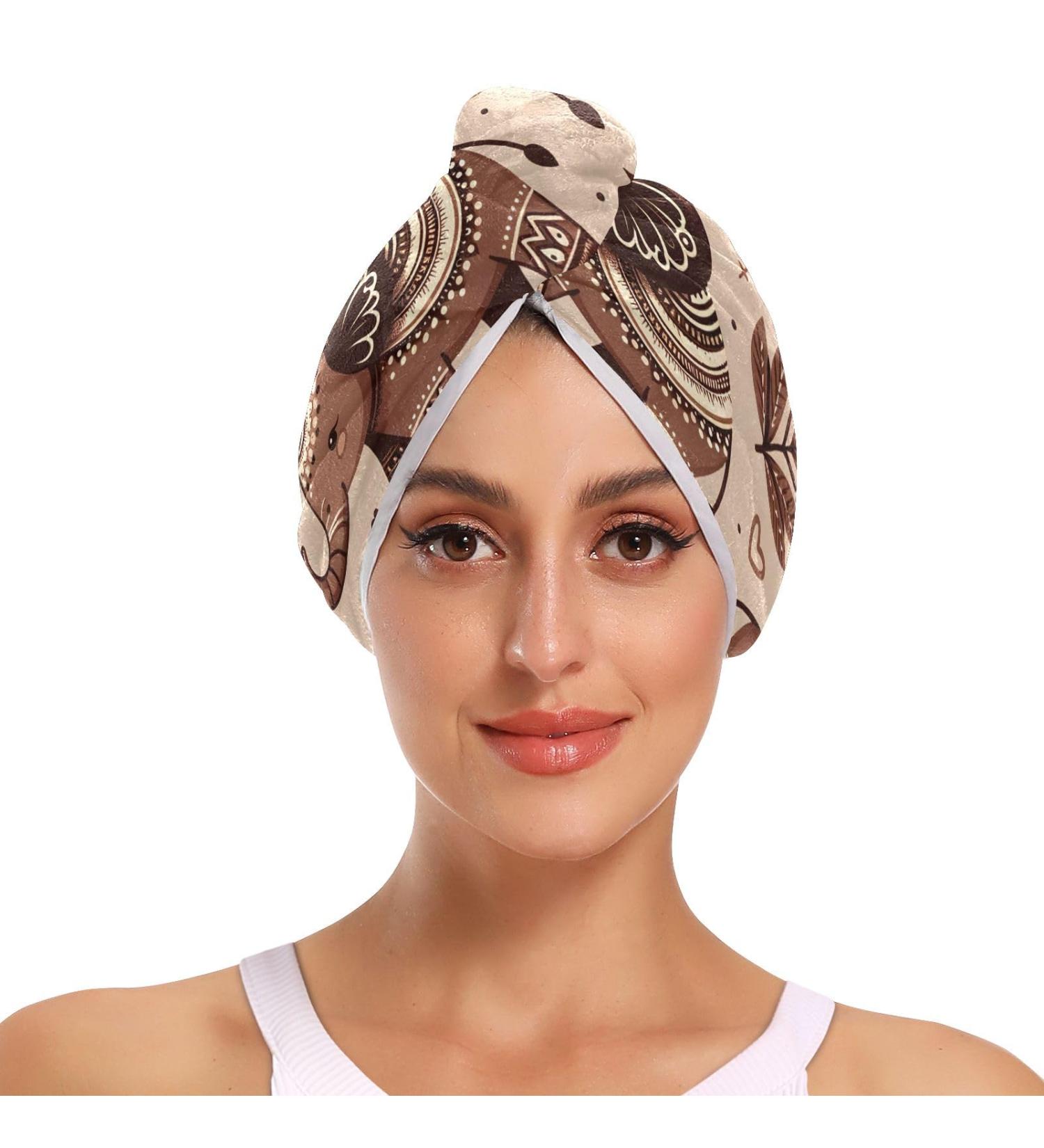 Brown Boho Elephants Hair Towel 2 Pack | Super Absorbent Quick Dry Hair Turbans for Women & Girls - Buy Online on GoSupps.com