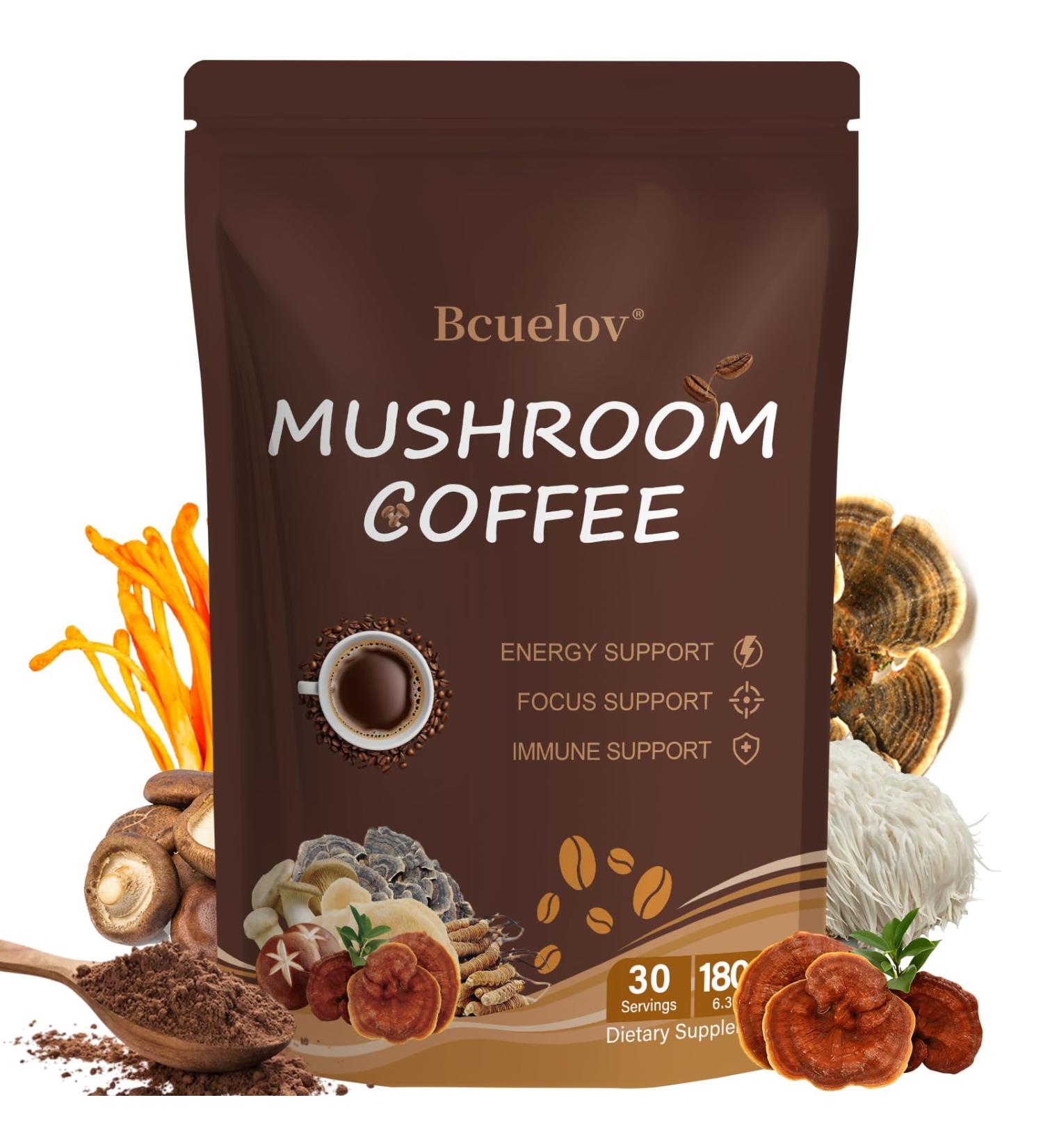Mushroom Coffee Instant Mushroom Coffee Powder with 6 Adaptogenic Mushrooms (Cordyceps Lion s Mane Shiitake Turkey Tail) and MCT Oil for Better Energy Focus Immune Support - 30 Servings New Version 6.35 Ounce (Pack of  - Buy Online on GoSupps.com
