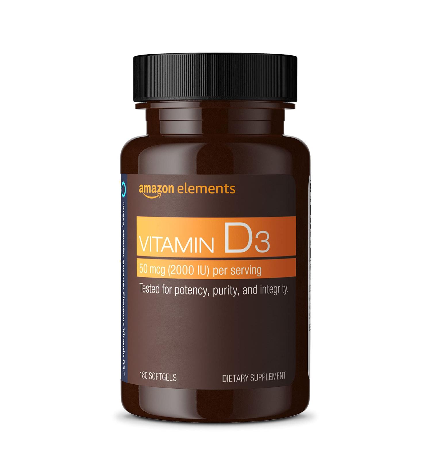 Amazon Elements Vitamin D3 2000 IU Softgels - 180ct - 6 Month Supply | Supports Strong Bones & Immune Health - Buy Online on GoSupps.com