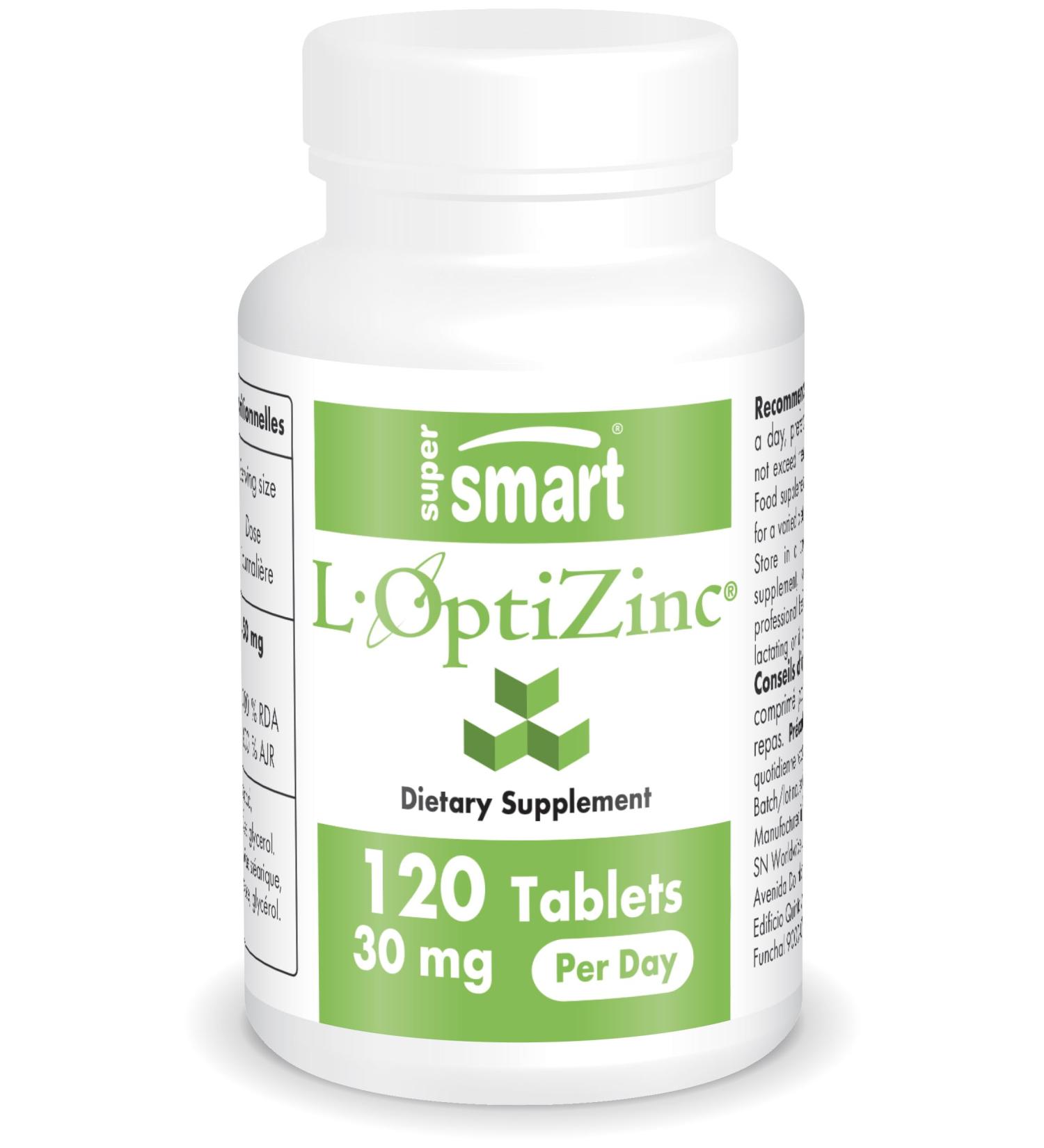 Supersmart L-OptiZinc 30mg: Bioavailable Zinc Methionine Supplement for Acne & Immune Health - 120 Tablets - Buy Online on GoSupps.com