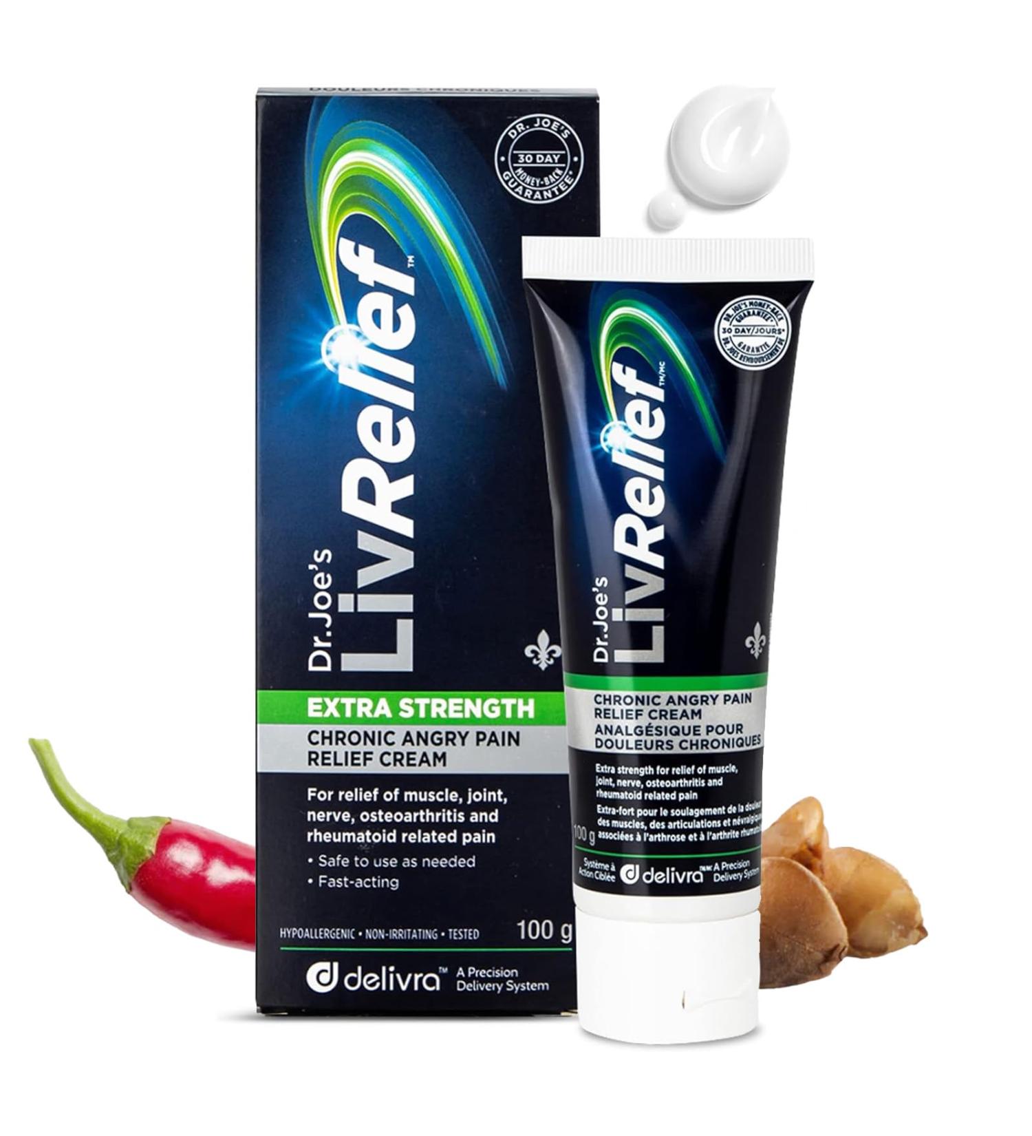 LivRelief Extra Strength Chronic Angry Pain Relief Cream - Penetrating Relief for Joint Muscle Pain & Inflammation Arthritis & Osteoarthritis Aid - Natural Plant Based Cream Made in Canada Unscented (100g) - Buy Online on GoSupps.com