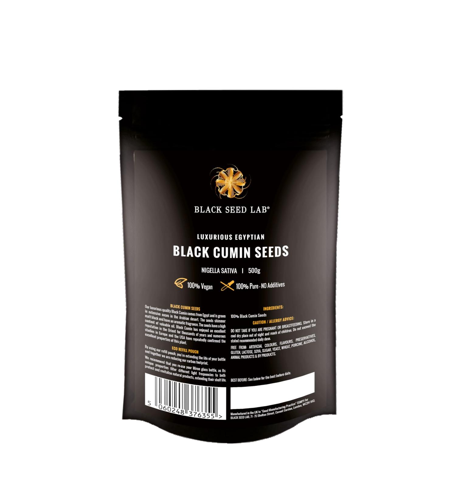 Luxurious Black Cumin Seeds 500g - Sourced Eqyptian Nigella Sativa Seeds | Packed in Refillable Pouch - Improve Overall Wellbeing | Made by BLACK SEED LAB in UK - Buy Online on GoSupps.com