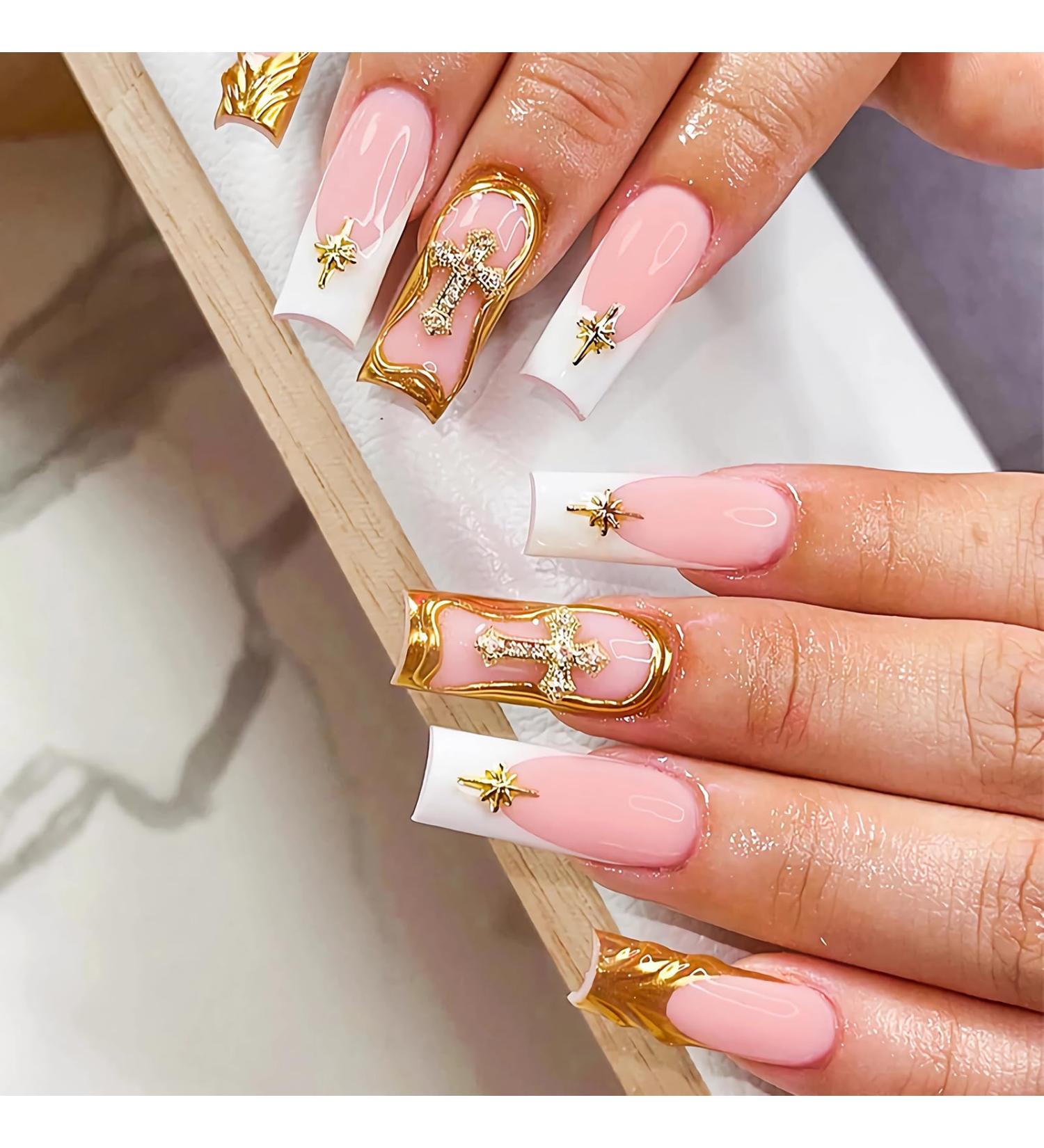 MISUD Long Square Press on Nails - Glossy 3D Gold French Tip Acrylic - 24 pcs Stick on False Nails with Rhinestones & Design for Stunning Manicure - Buy Online on GoSupps.com