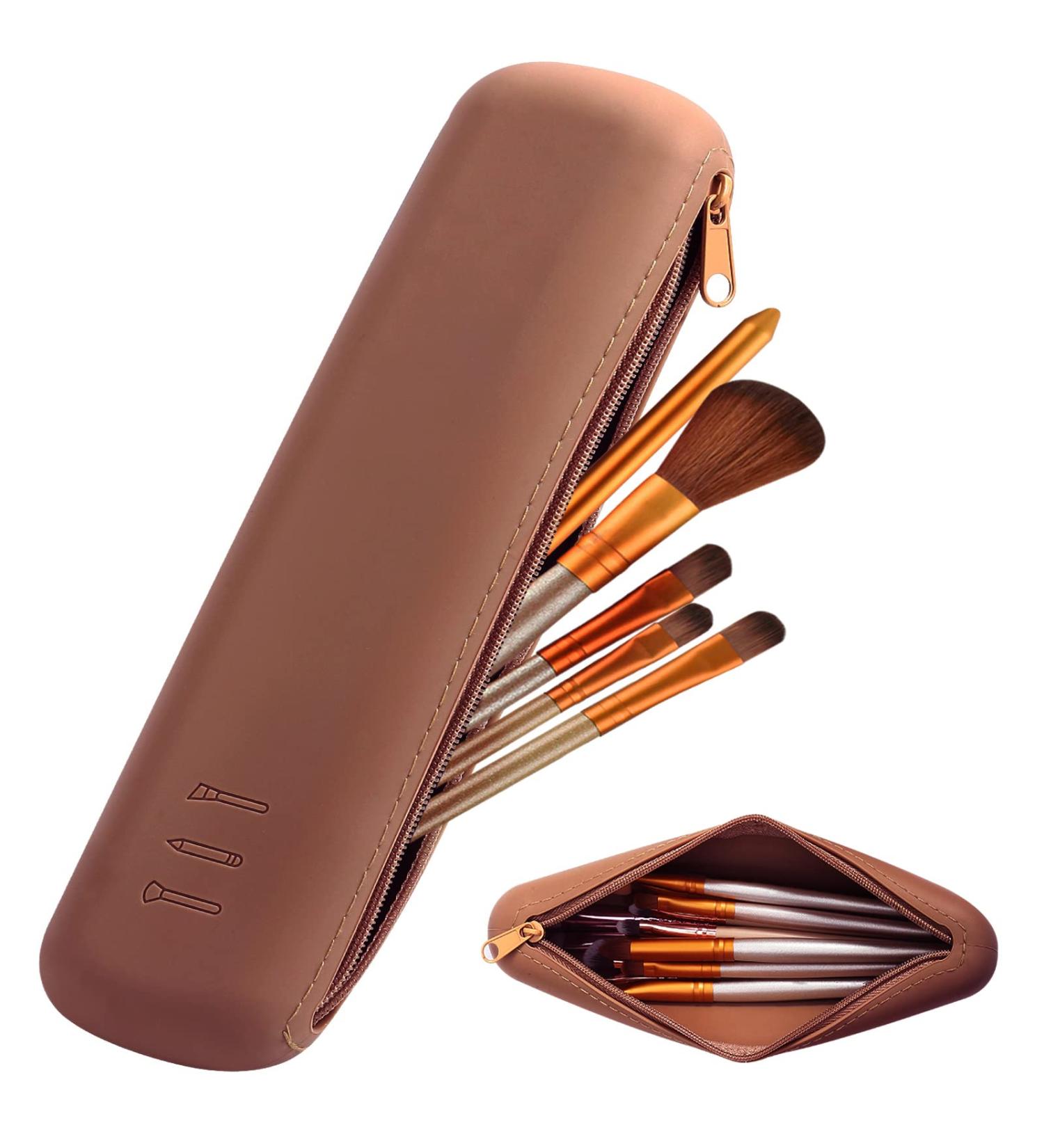 GOLIKEE Travel Makeup Brush Holder - Portable Silicone Cosmetic Bag Case with Zipper, No Fall Out Brushes, Soft & Compact Organizer for Brown - Buy Online on GoSupps.com