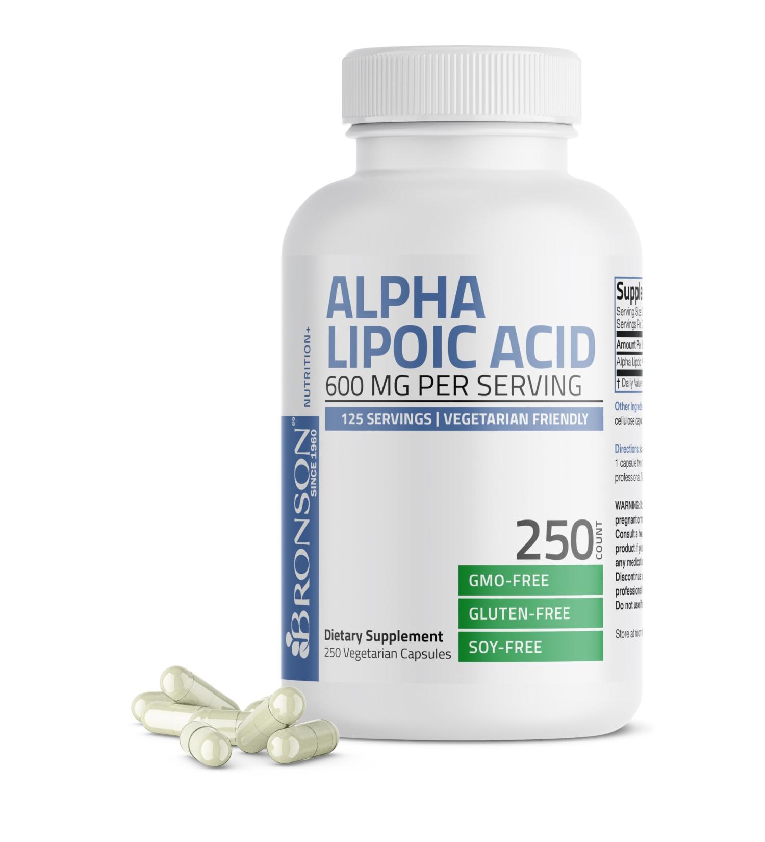 Bronson Alpha Lipoic Acid 600 MG - Non-GMO Free Radical Scavenger 250 Vegetarian Capsules for Optimal Health - International Shipping Available - Buy Online on GoSupps.com
