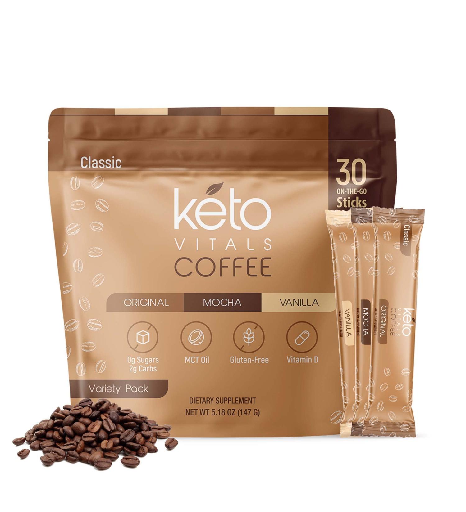 Keto Vitals Instant Keto Coffee Powder - Low-Calorie Sweetened Coffee Packets - 30 Count Variety Pack in Original, Vanilla, & Mocha Flavors - Buy Online on GoSupps.com