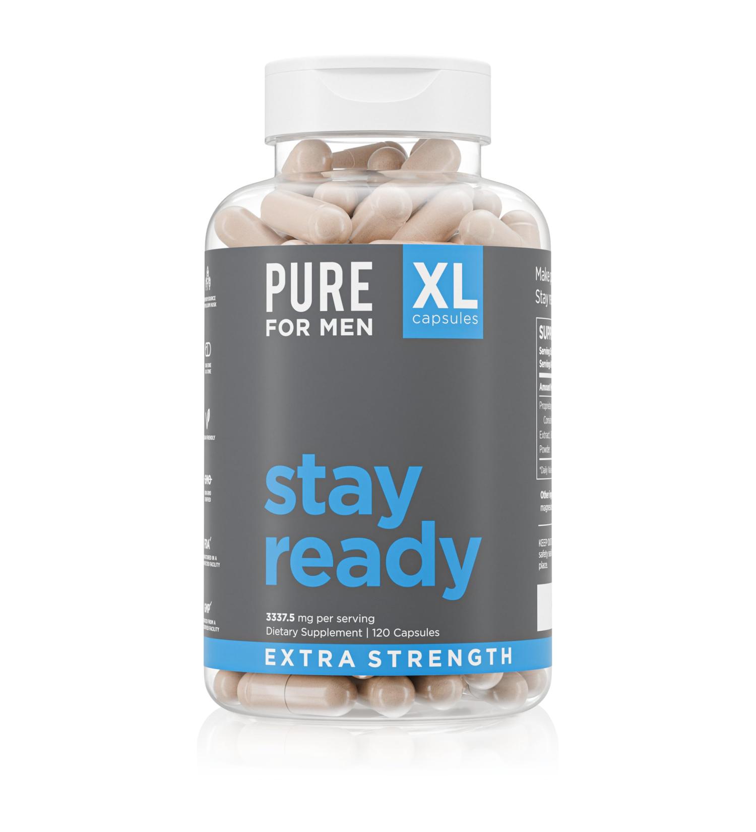Pure for Men Stay Ready Fiber Extra Strength Supplement | Digestive Regularity | Bowel Movement & Gut Health Support | Vegan Cleanliness | Proprietary Formula | 120 Vegan XL Capsules - Buy Online on GoSupps.com
