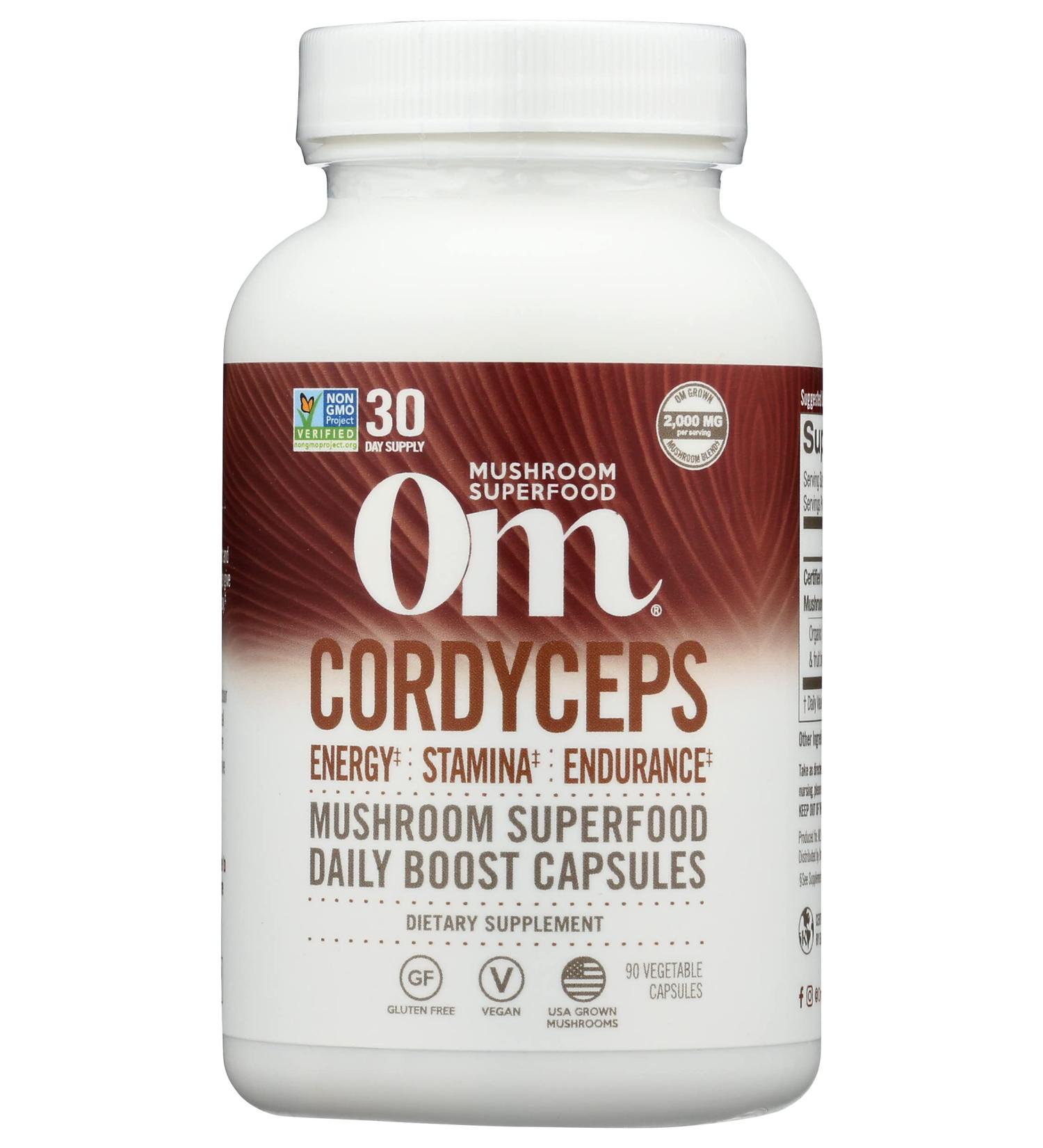 Om Mushroom Superfood Cordyceps Mushroom Capsules Superfood Supplement Energy Power Stamina and Endurance Support Superfood Supplement for Sports Performance 30 Days 90 Capsules