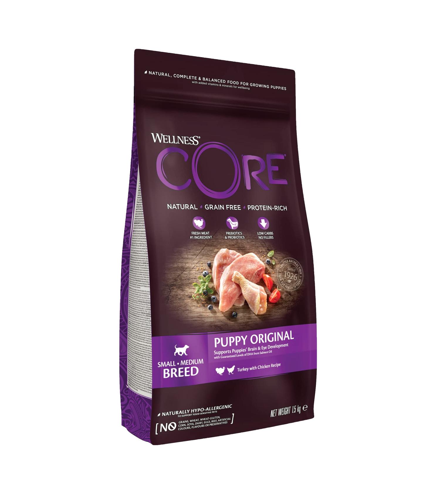Wellness Core Original Puppy Natural and Grain-Free Dry Food for Small and Medium Breed Puppy Turkey/Chicken 1.5 kg - Buy Online on GoSupps.com