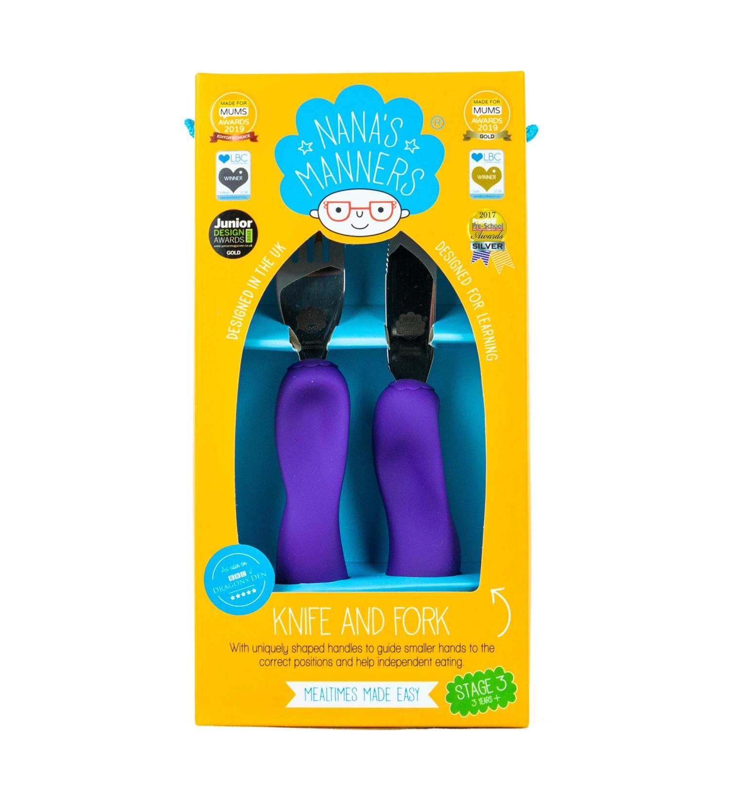 Nana's Manners Stage 3 Cutlery Set - Kids Knife & Fork Set | Ages 3 & Up | Easy-to-Grip Silicone Handles | Non-BPA Purple - Buy Online on GoSupps.com