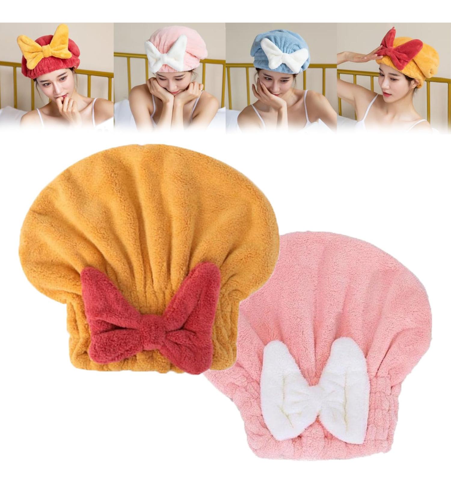 Super Absorbent Hair Towel Wrap for Wet Hair - Microfiber Bow Towel Bag for Women (Pink & Yellow - Buy Online on GoSupps.com