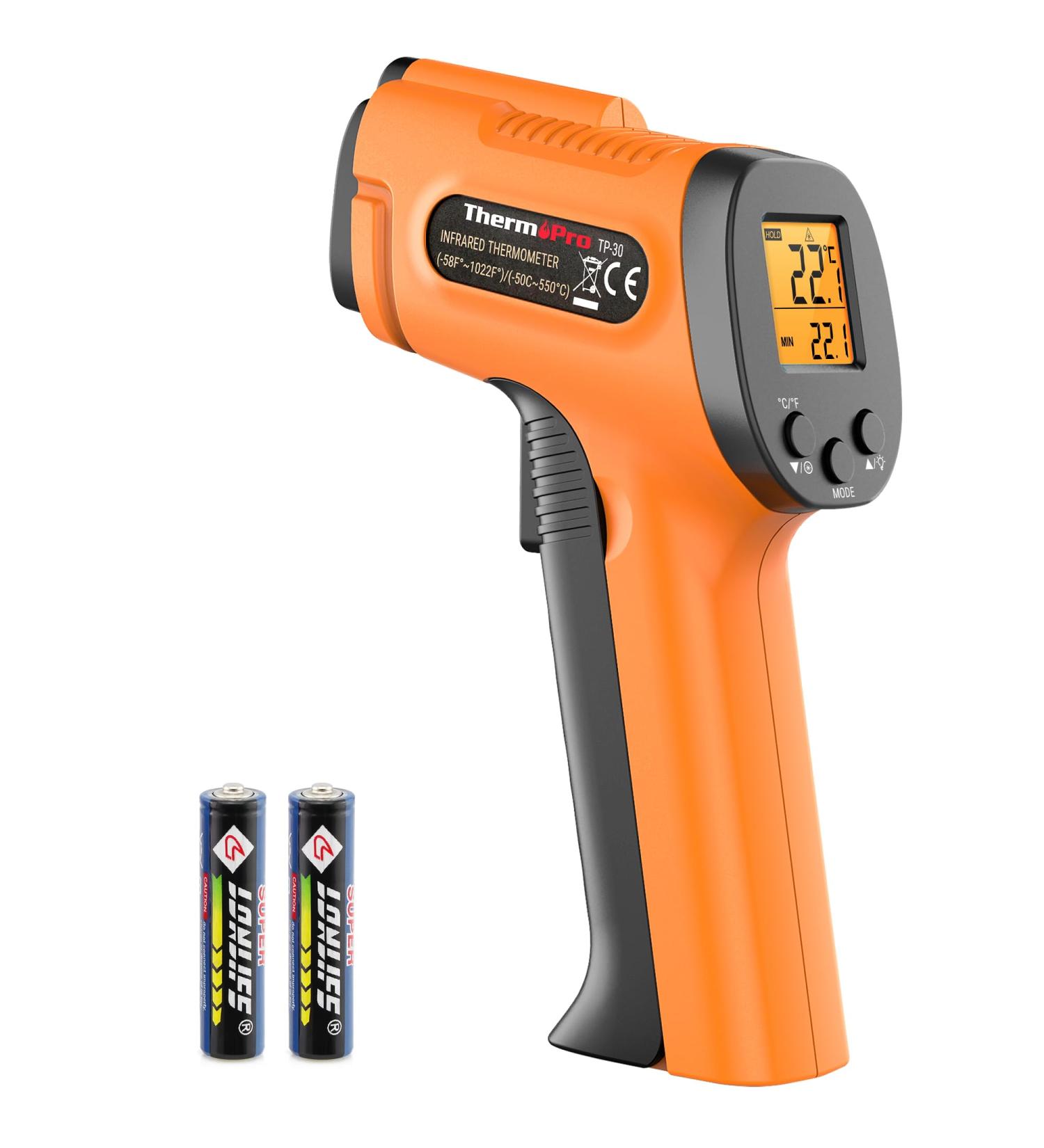 ThermoPro TP30 Infrared Thermometer -50 C to 550 C | Laser Temp Measurement for AC Car Engines & More | Max/Min/AVG Values | Adjustable Emission Level - Buy Online on GoSupps.com