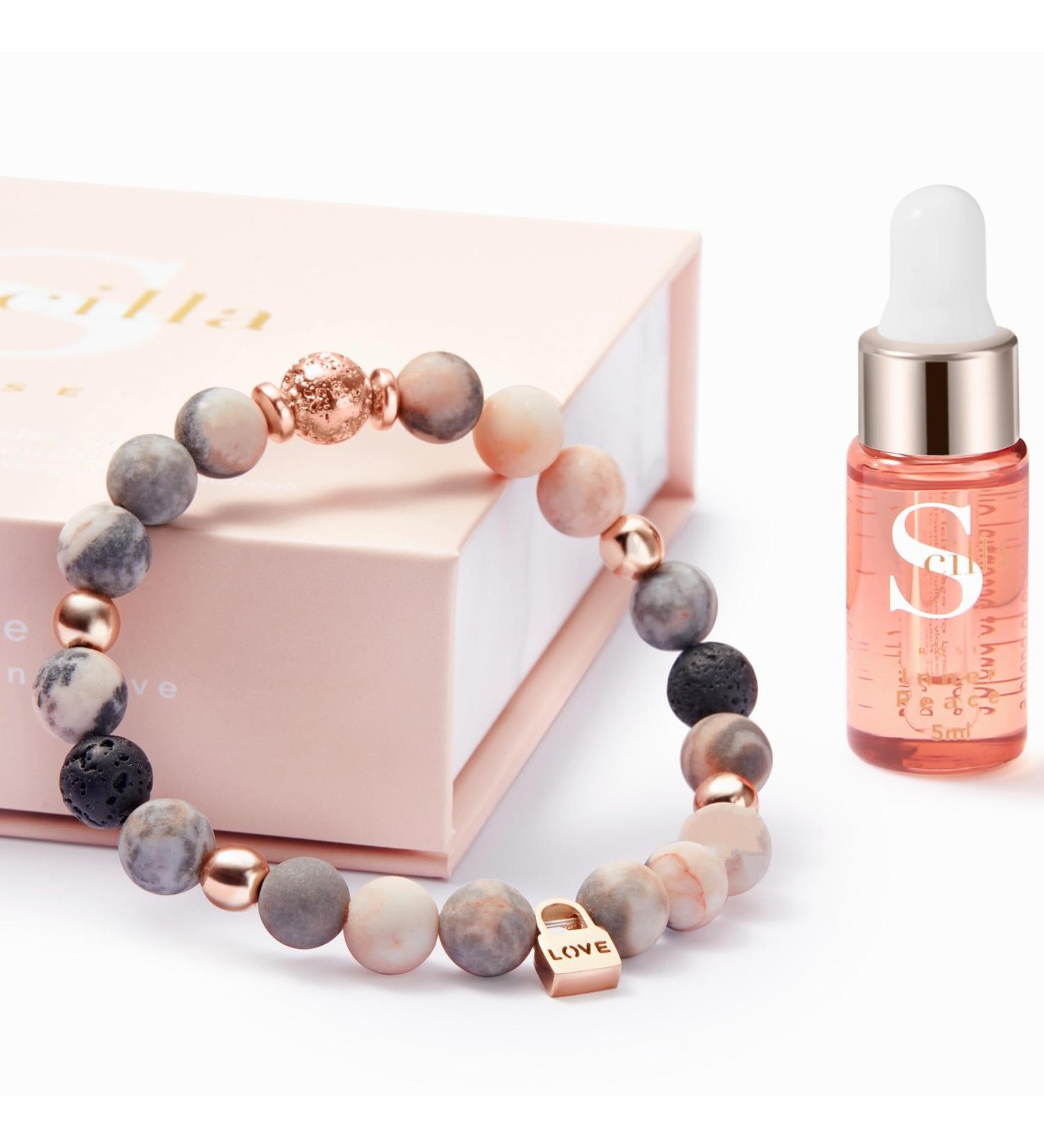 Women & Teenager Anxiety Bracelet with Pink Zebra Jasper Beads & Essential Oils for Self Care - Rose Gold Love Lock 17.5cm (Small) - Buy Online on GoSupps.com