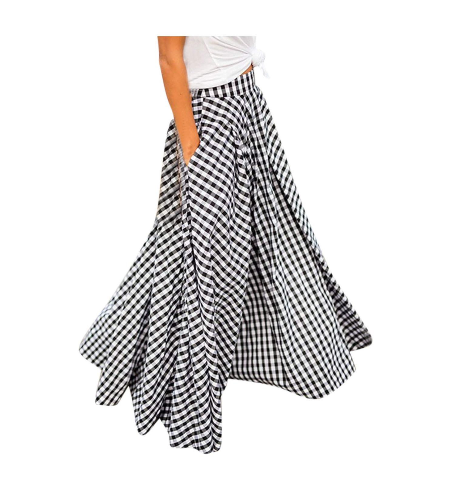 Sanahy Women's Vintage Plaid Maxi Skirt with Pockets - Black | High Waist A-Line Long Skirt for Beach and Parties - Buy Online on GoSupps.com
