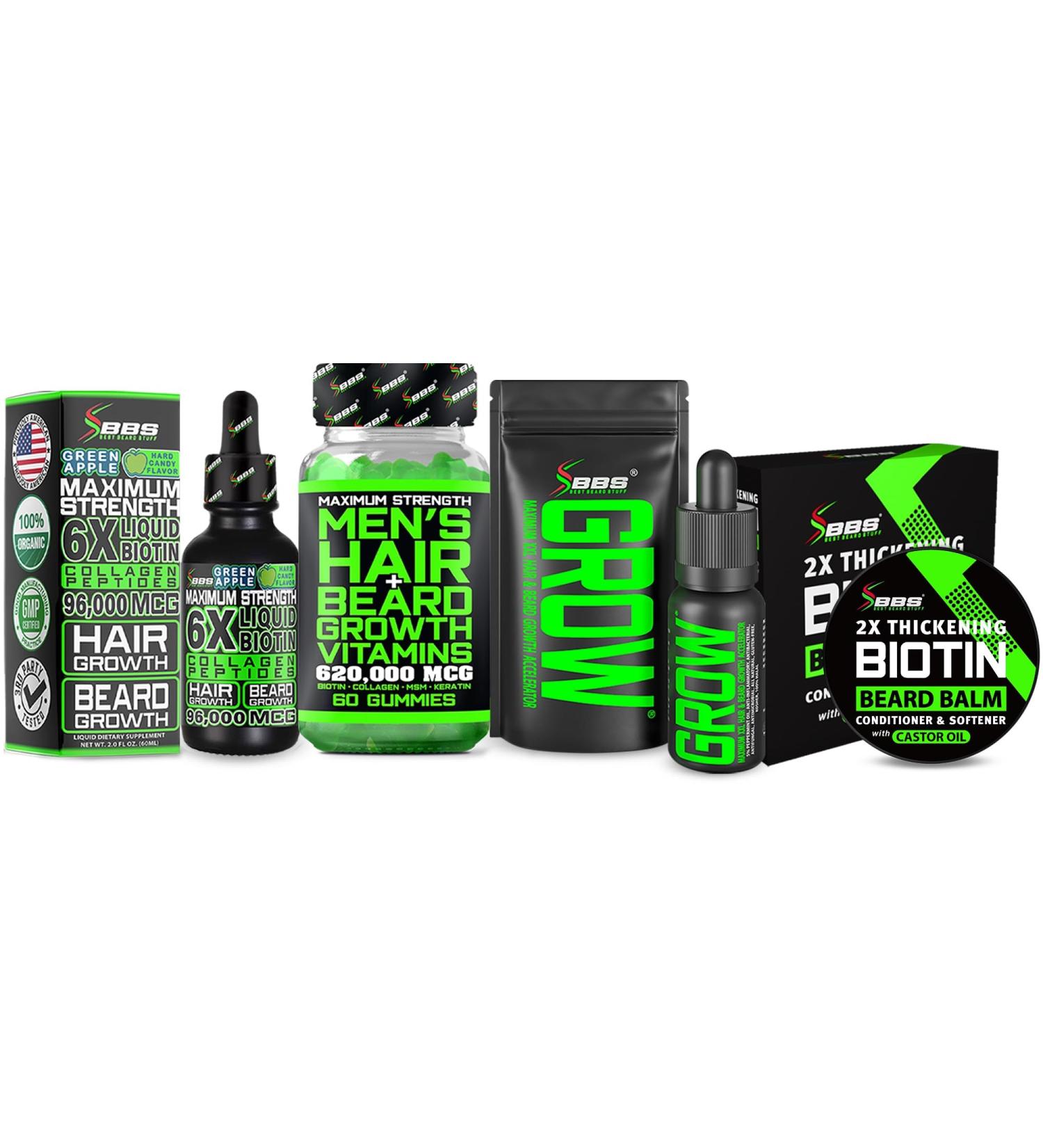 Beard Growth Kit w/ 2X Thickening Biotin Balm & Mustache Wax + Hair Growth Vitamins for Men + Grow XXL Beard Oil for Men + 6X Liquid Biotin with Collagen Peptides - Formulated in America - Buy Online on GoSupps.com