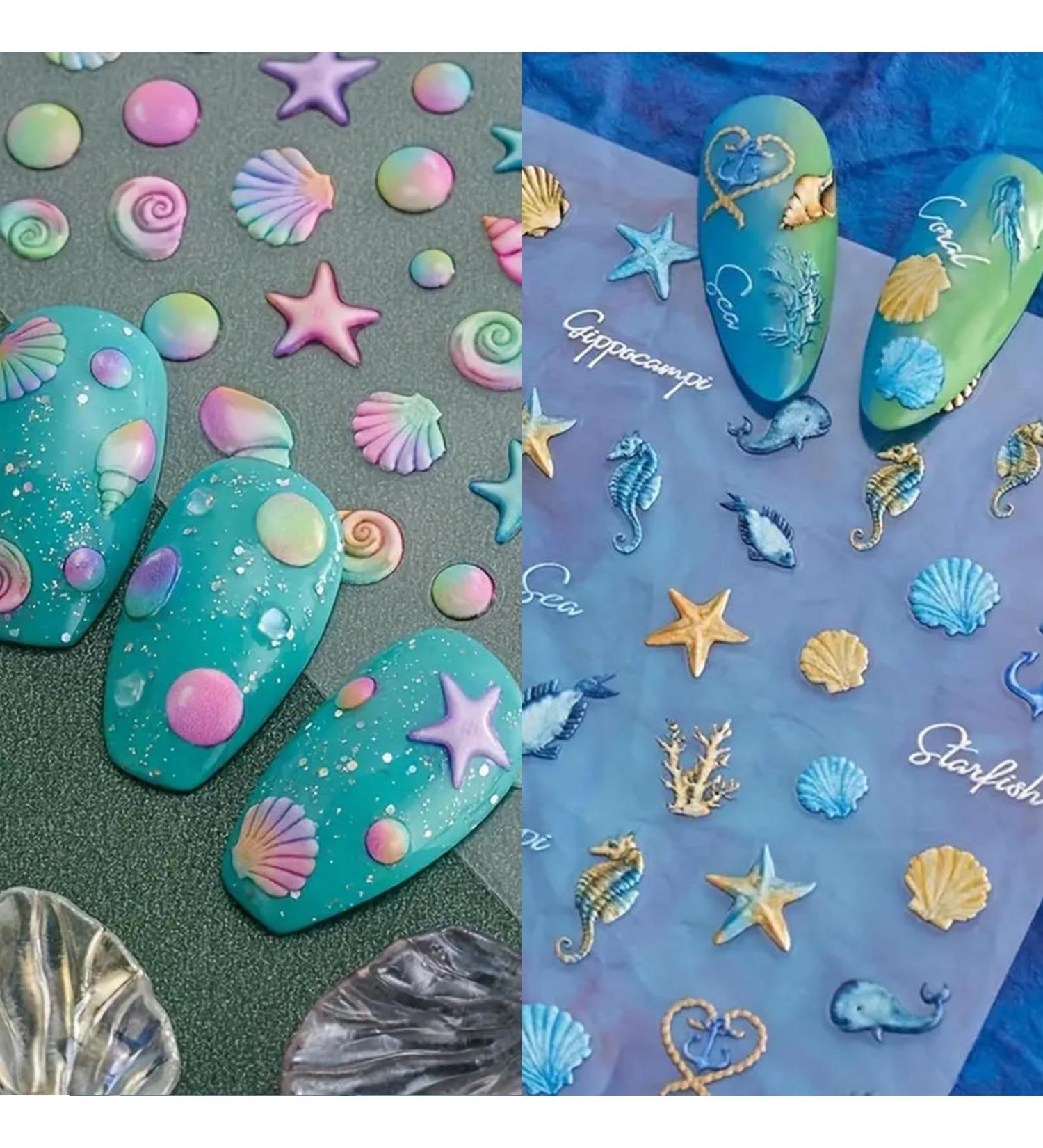 5 Sheets 5D Embossed Seashell Starfish Nail Art Stickers - Self-Adhesive Marine Life Decals for Summer DIY Nail Designs - Buy Online on GoSupps.com