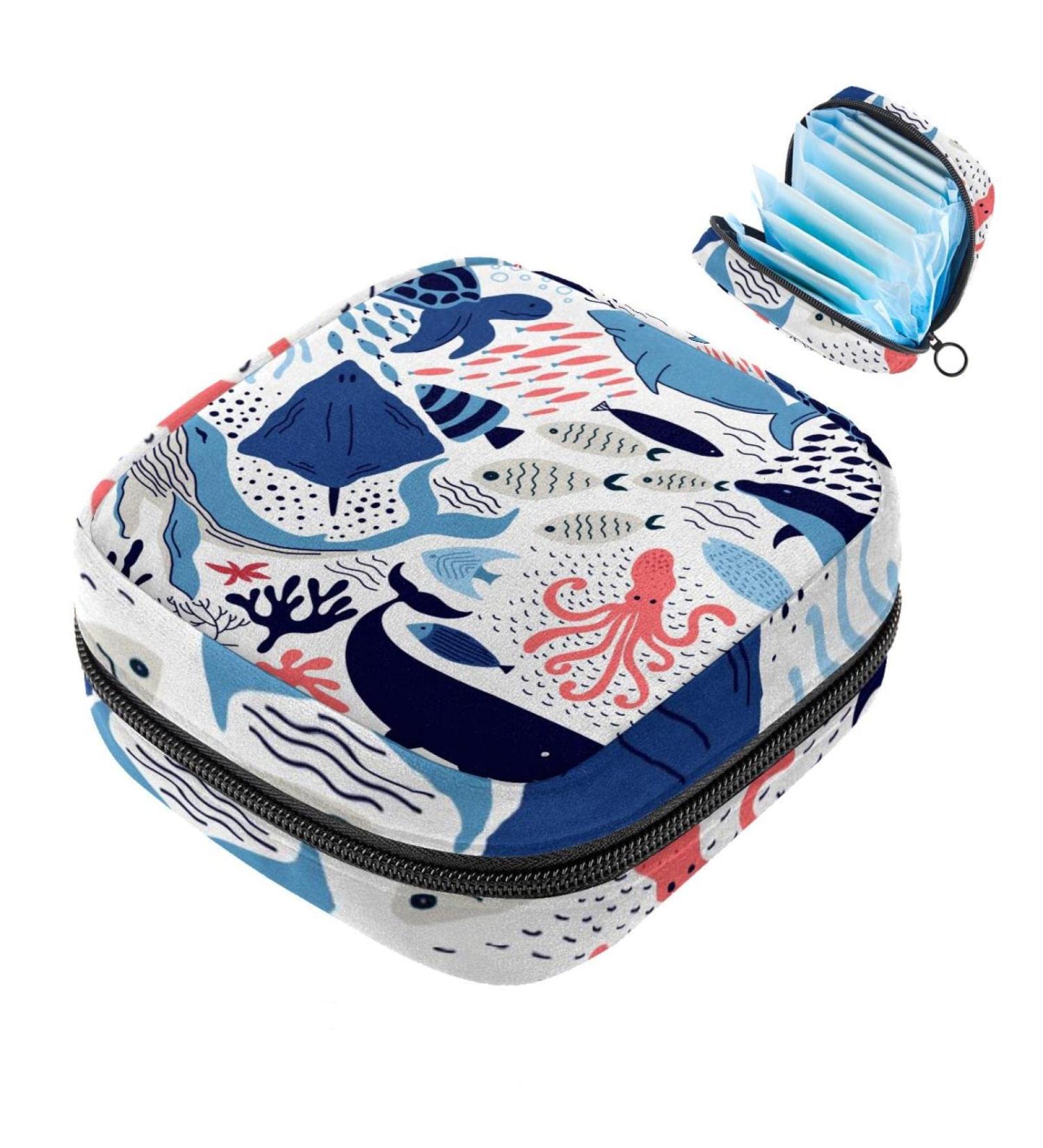 Eco-Friendly Menstrual Pad Bag - Marine Life Cartoon for Women & Girls | Zip Tampon Storage - Sea Turtles Octopus Dolphin & Jellyfish - Buy Online on GoSupps.com