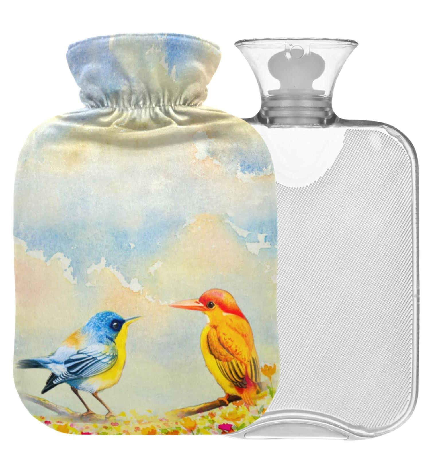 NAANLE Hot Water Bottle with Cover - Watercolor Birds 1L for Pain Relief & Heat Therapy - Transparent Design for Back Hand & Feet - Buy Online on GoSupps.com