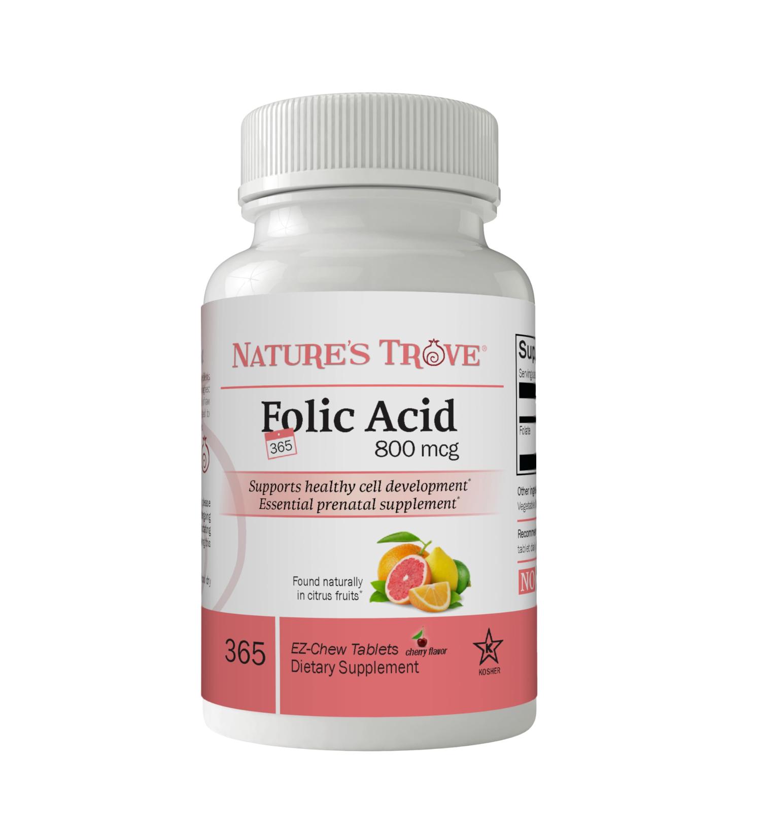Nature's Trove Folic Acid 800 mcg (B9 Vitamin) 365 EZ Chew Tablets Cherry Flavor
