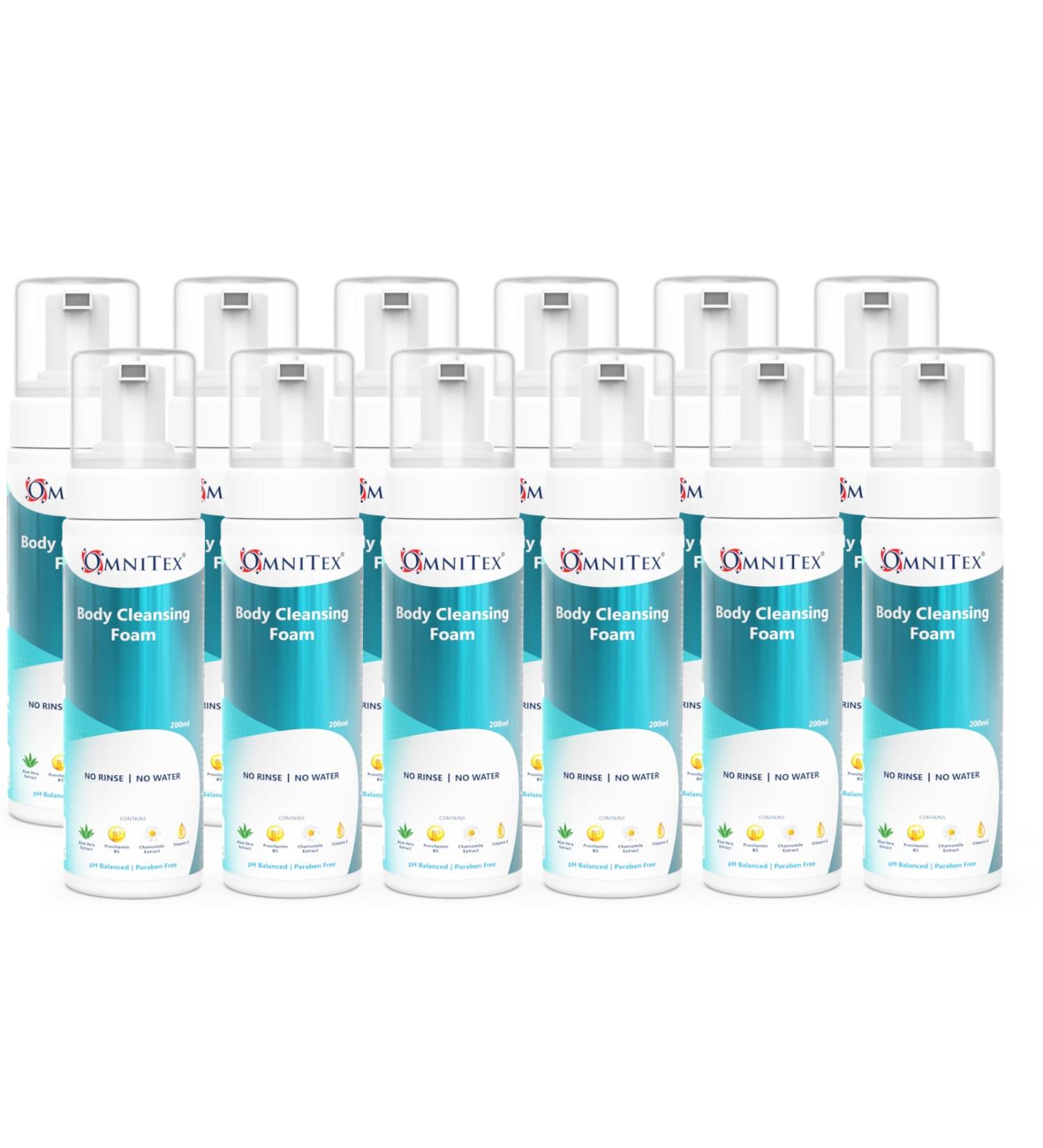 12x 200ml Omnitex Rinse Free Body Cleansing Foam With Herbal Oils & Vitamins | No Water - No Rinse Body Wash | Clean Nourish & Protect No Parabens Latex Free Alcohol Free Dermatologically Tested