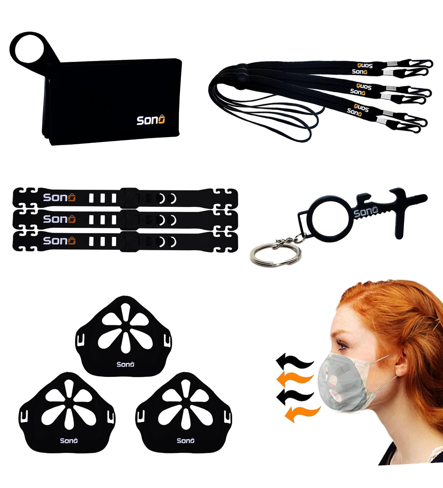 Sono Face Mask Accessories Set 11 Piece Adjustable Ear Saver Lanyards Brackets & Storage Case | Touchless Door Opener Included - Buy Online on GoSupps.com