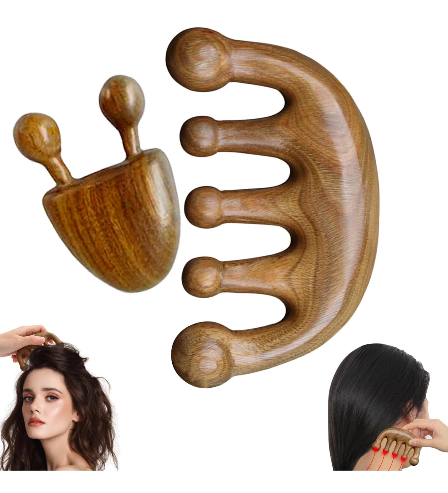 Scalp Massage Tool - Natural Lymphatic Drainage | 2PC Round Tooth Sandalwood Multi-Functional Handheld Head Skin Massager - Buy Online on GoSupps.com