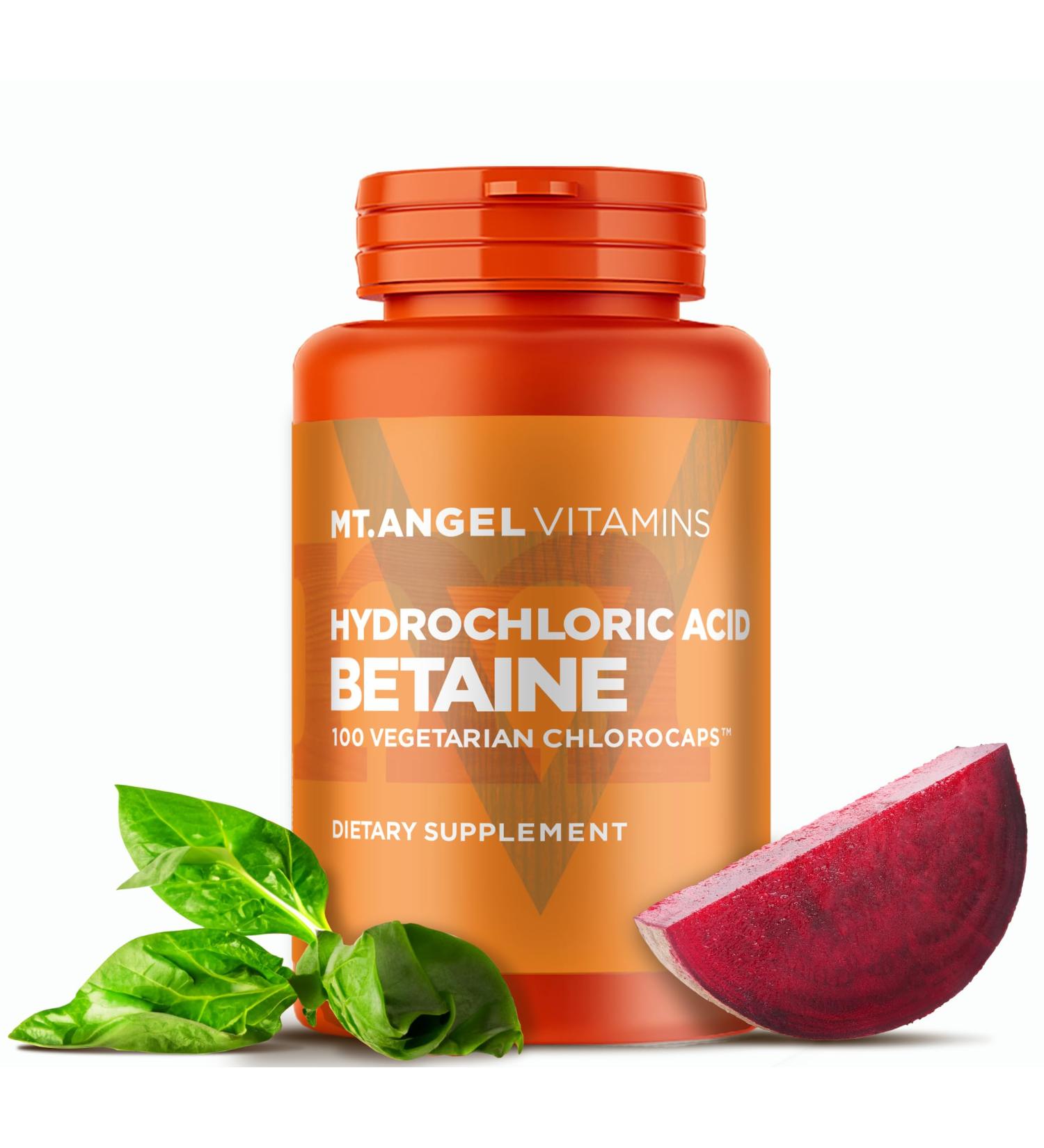 Mt. Angel Vitamins - Hydrochloric Acid Betaine, Supports Healthy Digestion & Gastric Juices (100 Vegetarian Chlorocaps) 100 Count (Pack of 1) - Buy Online on GoSupps.com