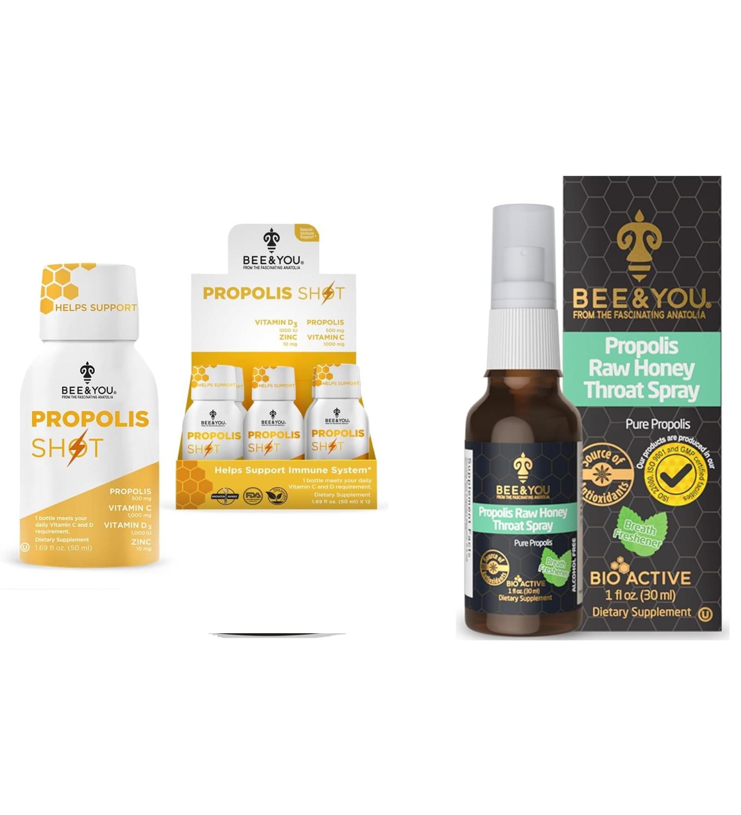 BEE and You Bundle: Propolis Shot with Vitamin C D3 and Zinc with Propolis Raw Honey Throat Spray Ultra Pure 100% Natural Immune Support Superfood - Buy Online on GoSupps.com