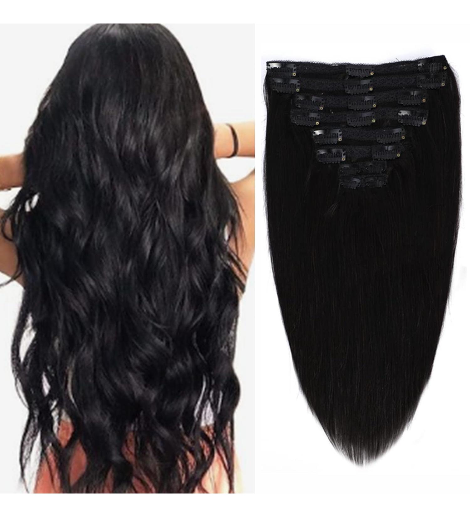 Clip-in Human Hair Extensions 35cm | 110g Black Remy Hair - 8 Pieces - Buy Online on GoSupps.com