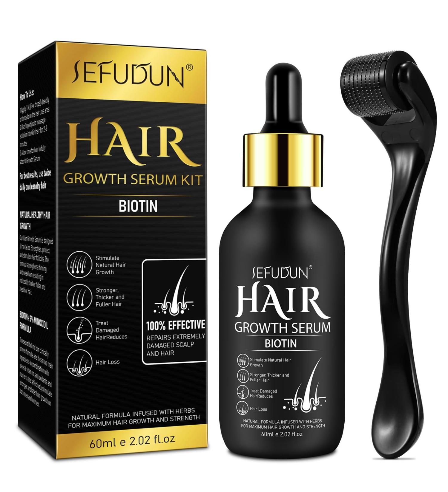 Hair Growth Oil with 5% Biotin - Nourishes Scalp and Stops Hair Loss - Promotes Stronger Thicker Hair for Men and Women Hair Regrowth Treatments with 0.25mm Roller (60ml) - Buy Online on GoSupps.com