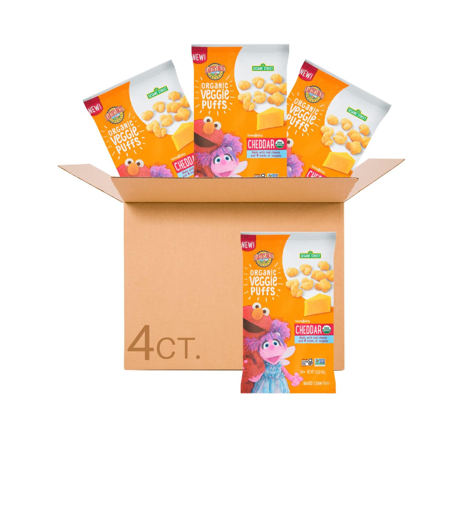 Earth's Best Organic Sesame Street Toddler Snacks, Veggie Puffs, Cheddar, 1.55 Oz (Pack of 4)