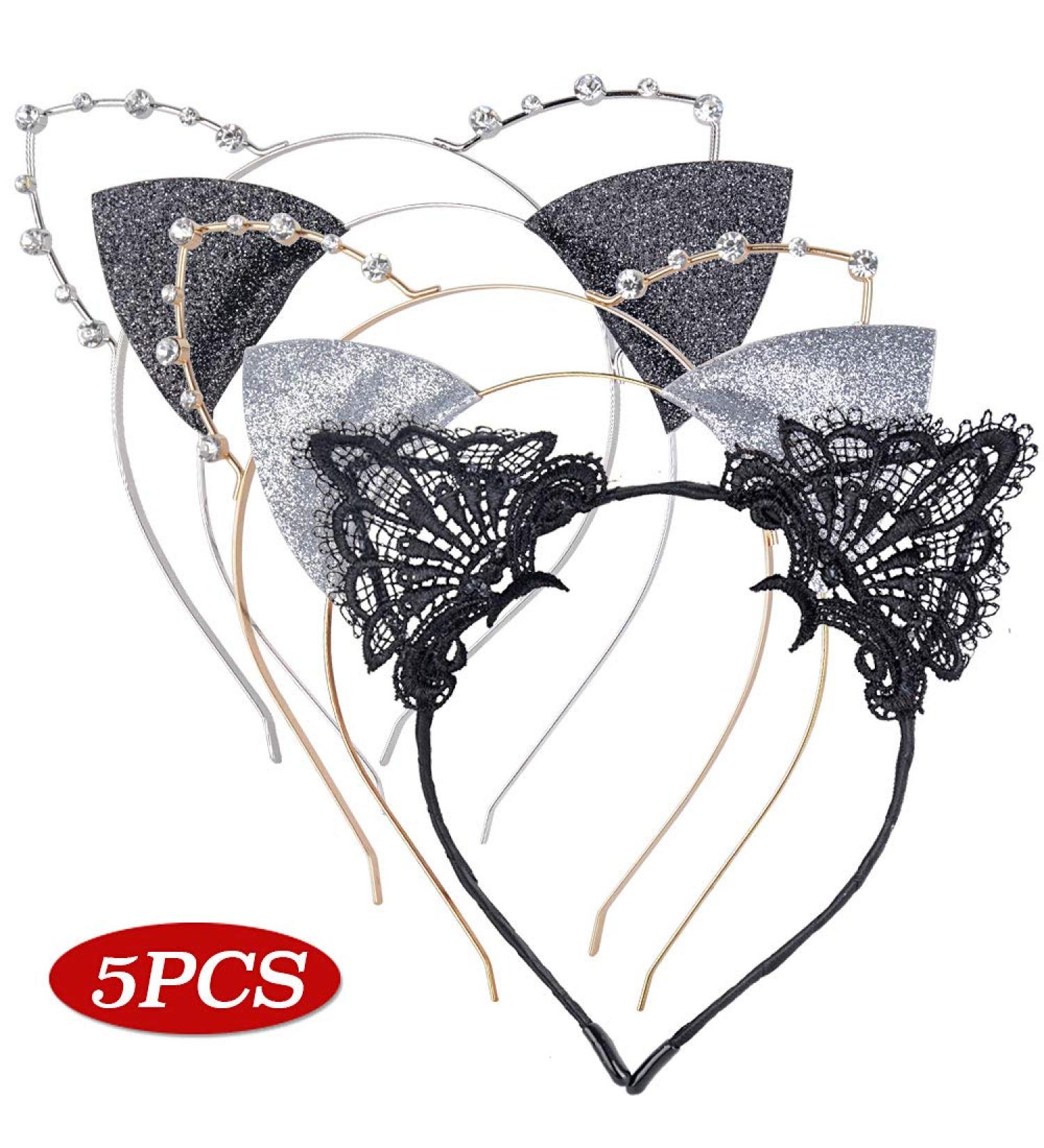 5 Pcs Cat Ears Hair Ripe - Lace Ladies Hair Accessories with Black Rhinestone Silver Cat Ears | International Shipping Available - Buy Online on GoSupps.com