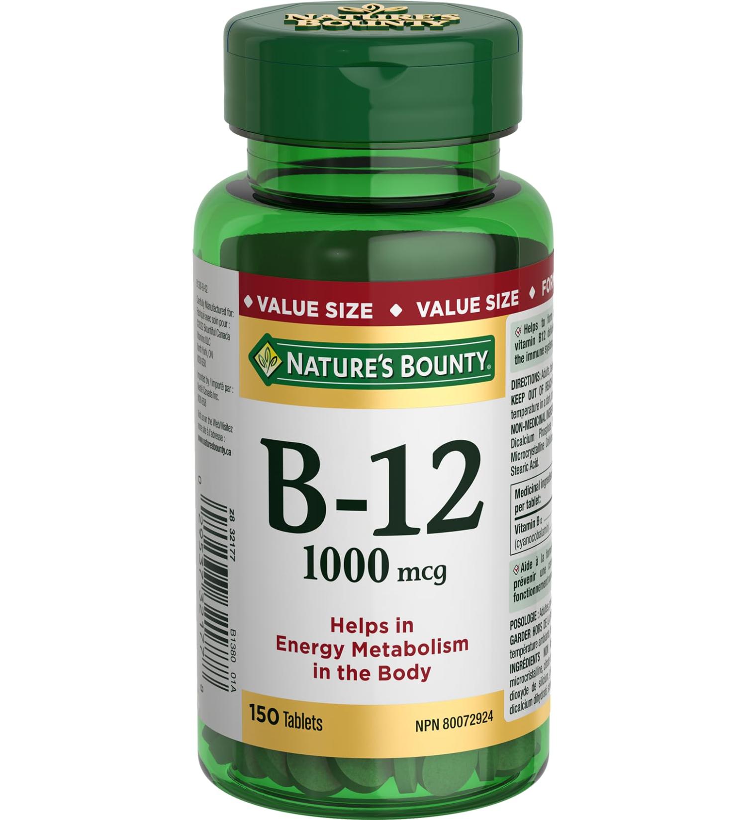 Nature's Bounty Vitamin B12 1000mcg Value Size Helps in energy metabolism in the body 150 Tablets - Buy Online on GoSupps.com