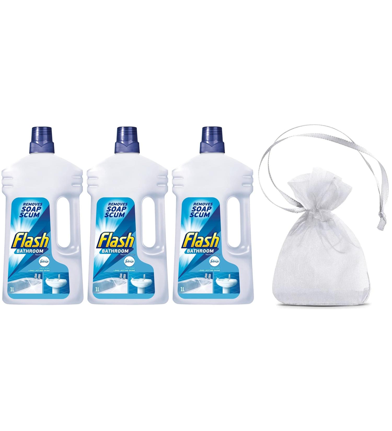 Flash Bathroom All Purpose Cleaner Removes Soap Scum Long Lasting Shine with Febreze Freshness Fresh Scent 3Pk 3 x 1L + Our Gift for You: Organza Bag Size 9x7x0.1cm - Buy Online on GoSupps.com