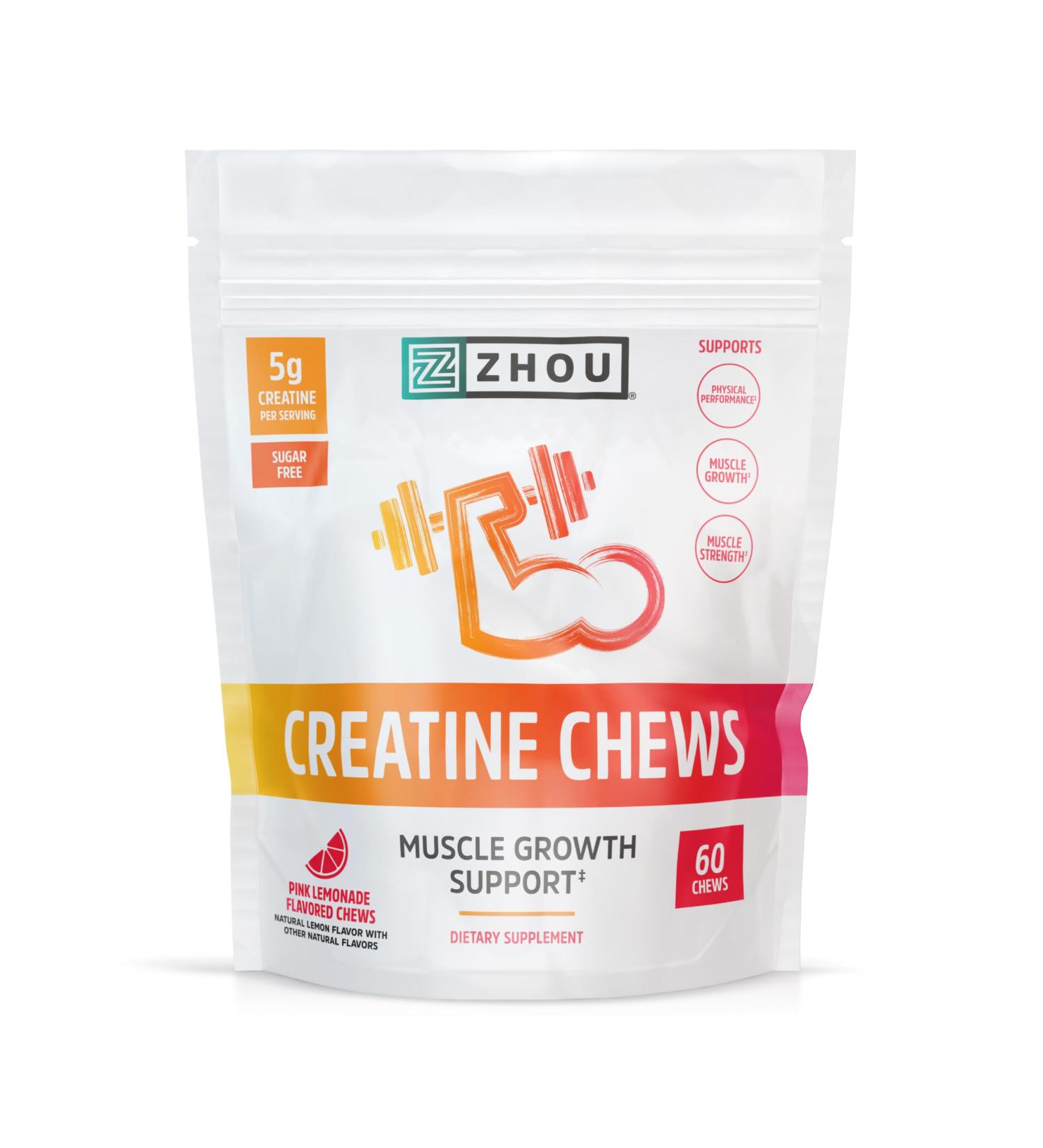Zhou Nutrition Sugar-Free Creatine Monohydrate Chewables 5g - Organic Non-GMO Pink Lemonade Gummies for Men & Women | 60 Count - Buy Online on GoSupps.com