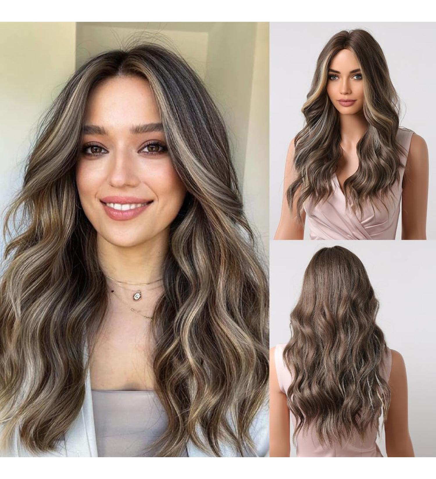 HAIRCUBE Brown Curly Wig for Women | Synthetic Hair with Highlights and Middle Parting - Buy Online on GoSupps.com