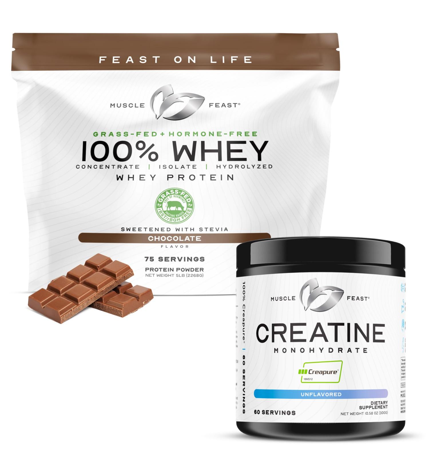 Muscle Feast 100% Whey + Creatine Bundle: (1) 100% Whey Protein (Chocolate 5lb) + (1) Creatine Powder (Unflavored 300g) - Buy Online on GoSupps.com