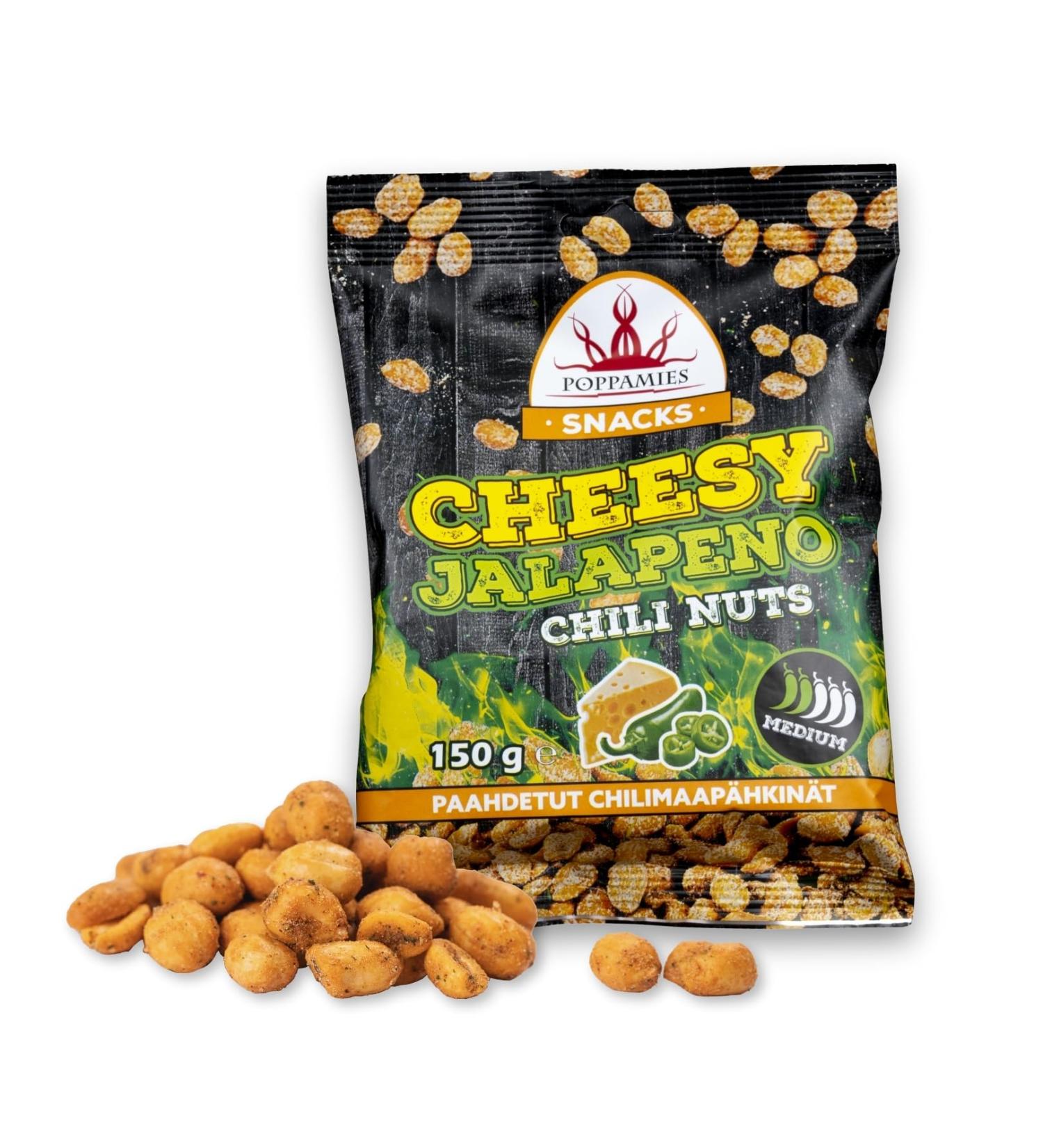 Poppamies Peanuts with jalapeno and cheese - Spicy nuts are a great choice for snacking - Gluten free - Spicy: Medium - 150g - Buy Online on GoSupps.com