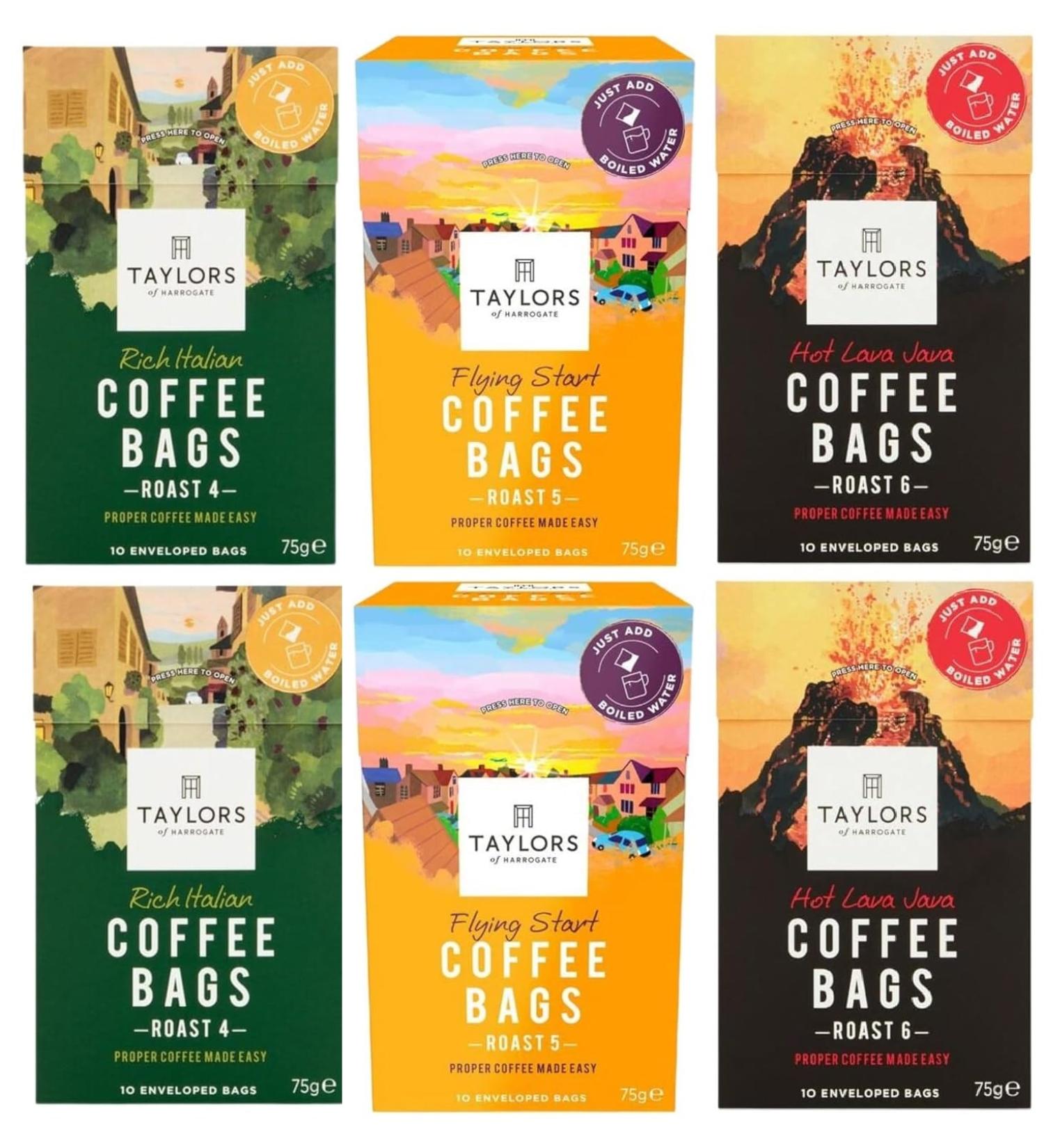 Taylors of Harrogate Coffee Bags 2 X 10 Rich Italian Coffee Bags 2 X 10 Hot Lava Java Coffee Bags and 2 X 10 Flying Start Coffee Bags (Total 6 Packs 60 bags) - Buy Online on GoSupps.com
