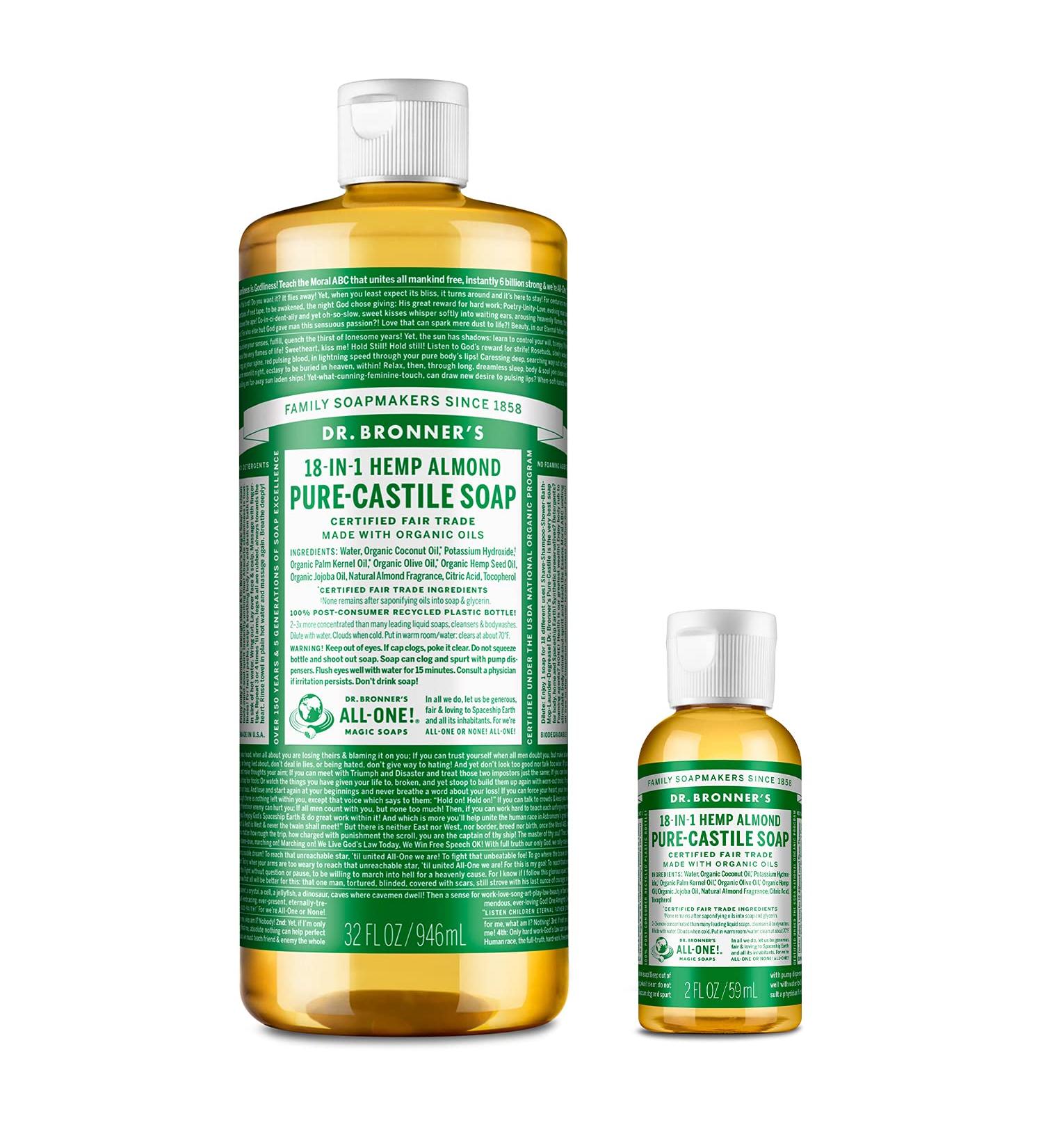 Dr. Bronner's Pure-Castile Liquid Soap Almond Bundle - 32 oz. & 2 oz. Travel Bottle - Buy Online on GoSupps.com