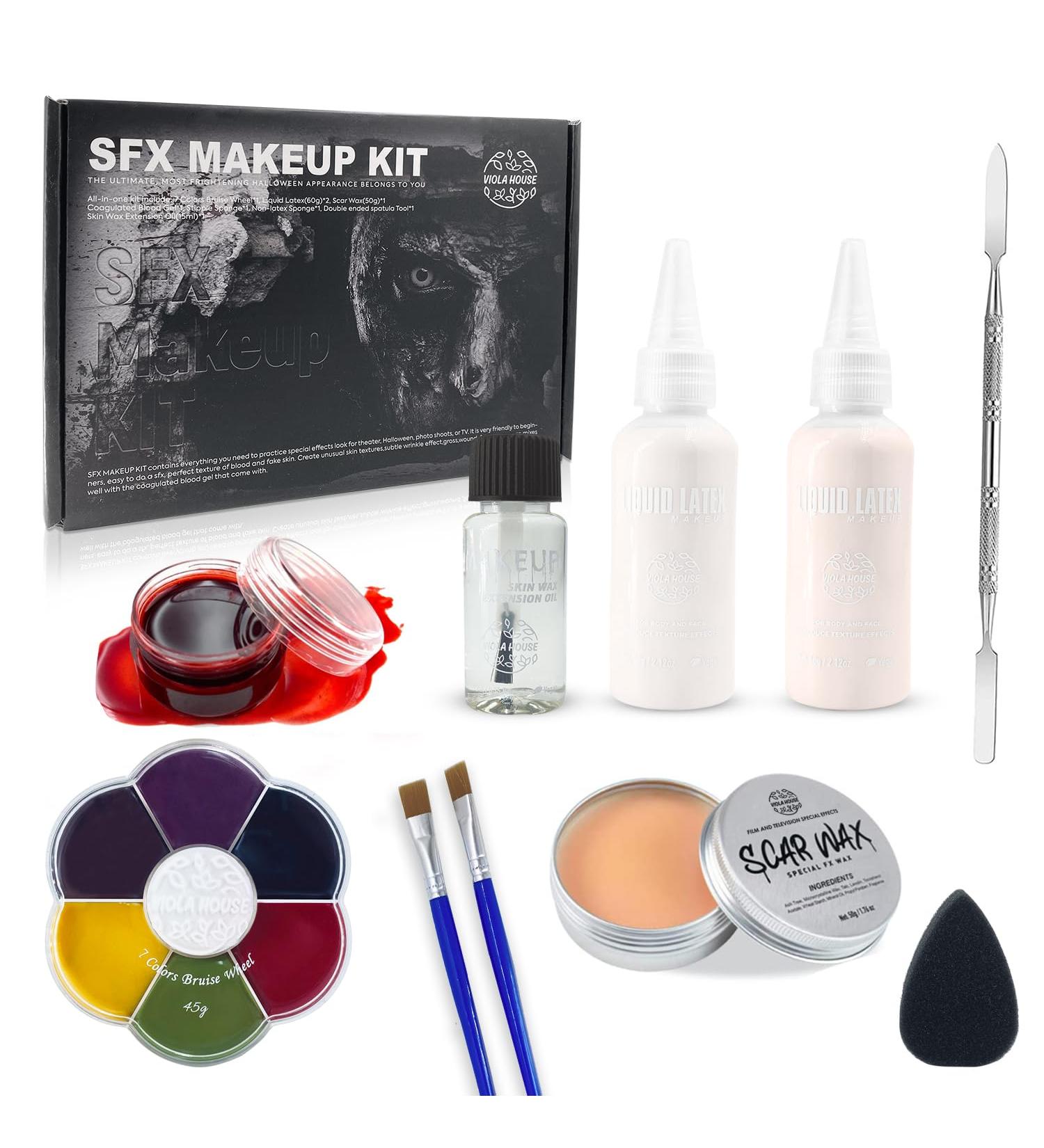 VIOLA HOUSE Halloween Special Effects Makeup Kit - 7 Colours, Bruise Wound Face Body Paint, Scar Wax, Scar Oil, Liquid Latex, Fake Blood + Tools - Buy Online on GoSupps.com