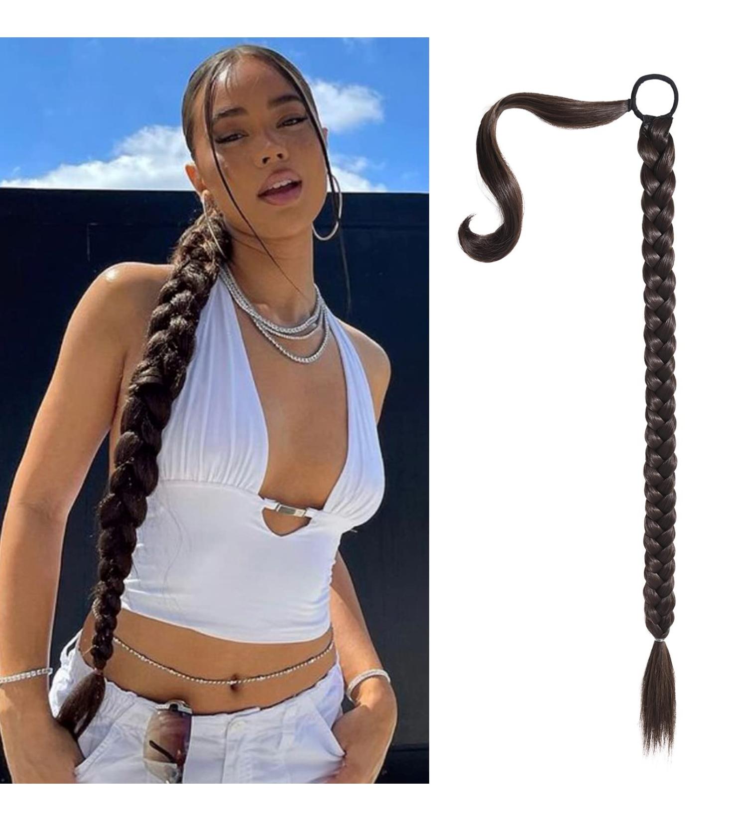 SEIKEA 34 Inch Long Braid Ponytail Extension - Soft Synthetic Hairpiece Wrap-Around Braid in Black Brown - 1PCS 180g for Natural Look - Buy Online on GoSupps.com