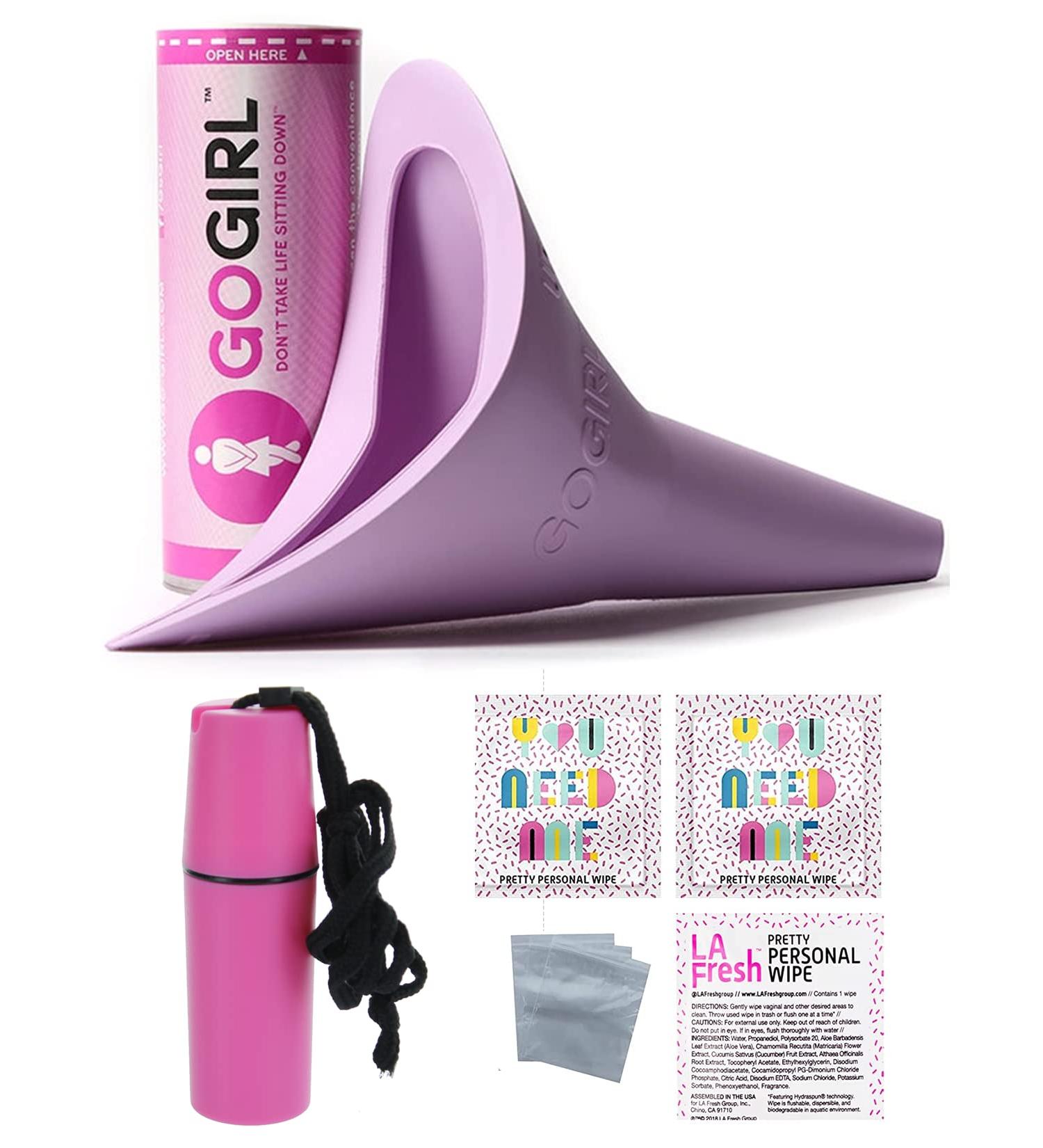 GoGirl Female Urination Device Lavender - Waterproof & Portable with LA Fresh Feminine Wipes - Includes Tote Holder & Zip Baggies (Pink Tote) - Buy Online on GoSupps.com