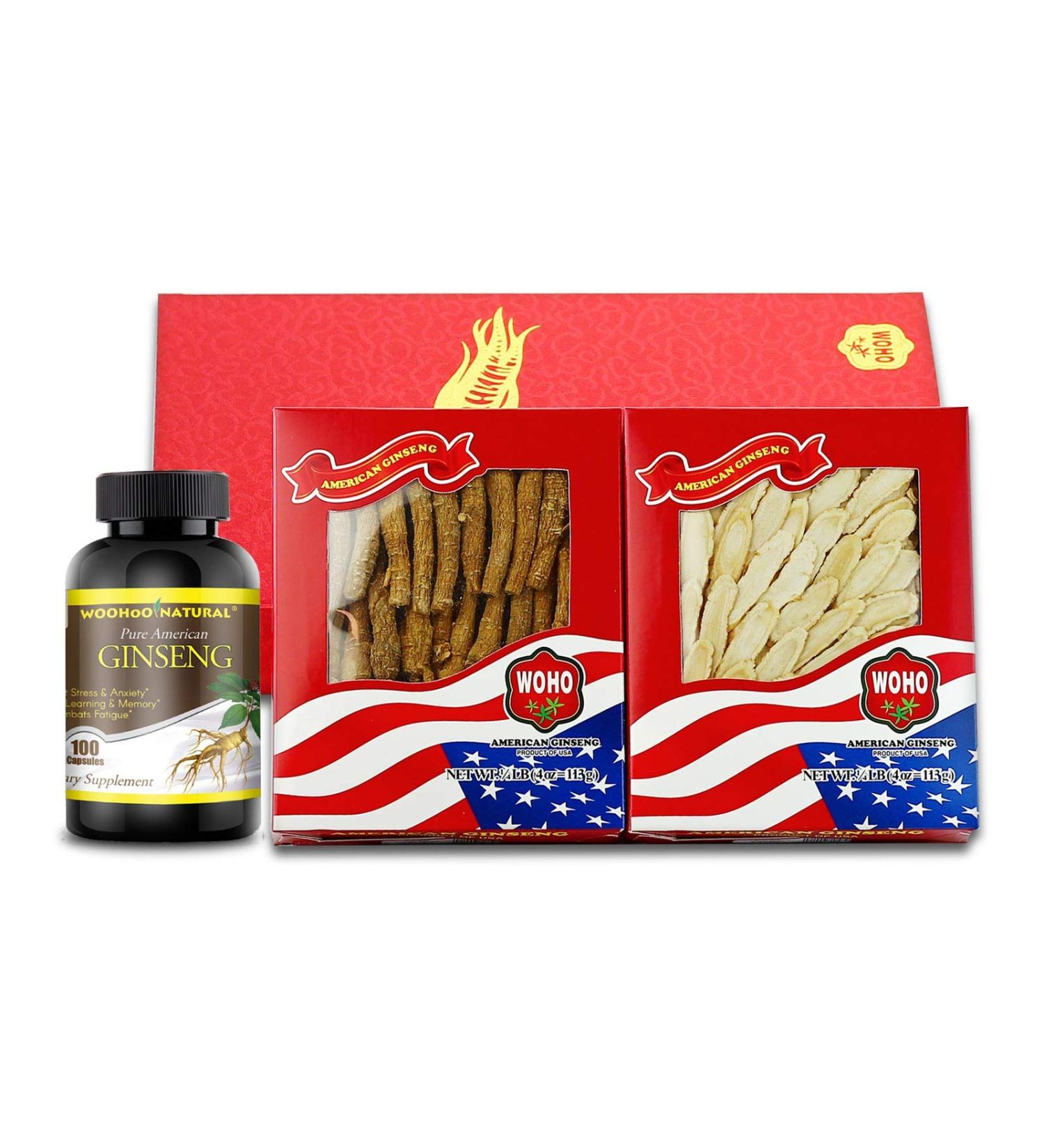 Premium Gift Box Bundle: 1 Box of Ginseng Slice Medium 4 oz + 1 Box of Ginseng Half Short Small 4 oz + Free WooHoo Ginseng 100 Capsules