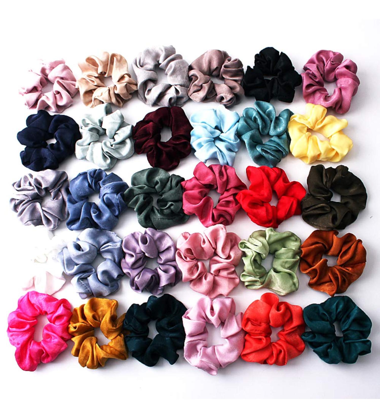 30 Colorful Silk Satin Scrunchies Set | Strong Elastic Ponytail Holders | Traceless Hair Rope Accessories - Buy Online on GoSupps.com