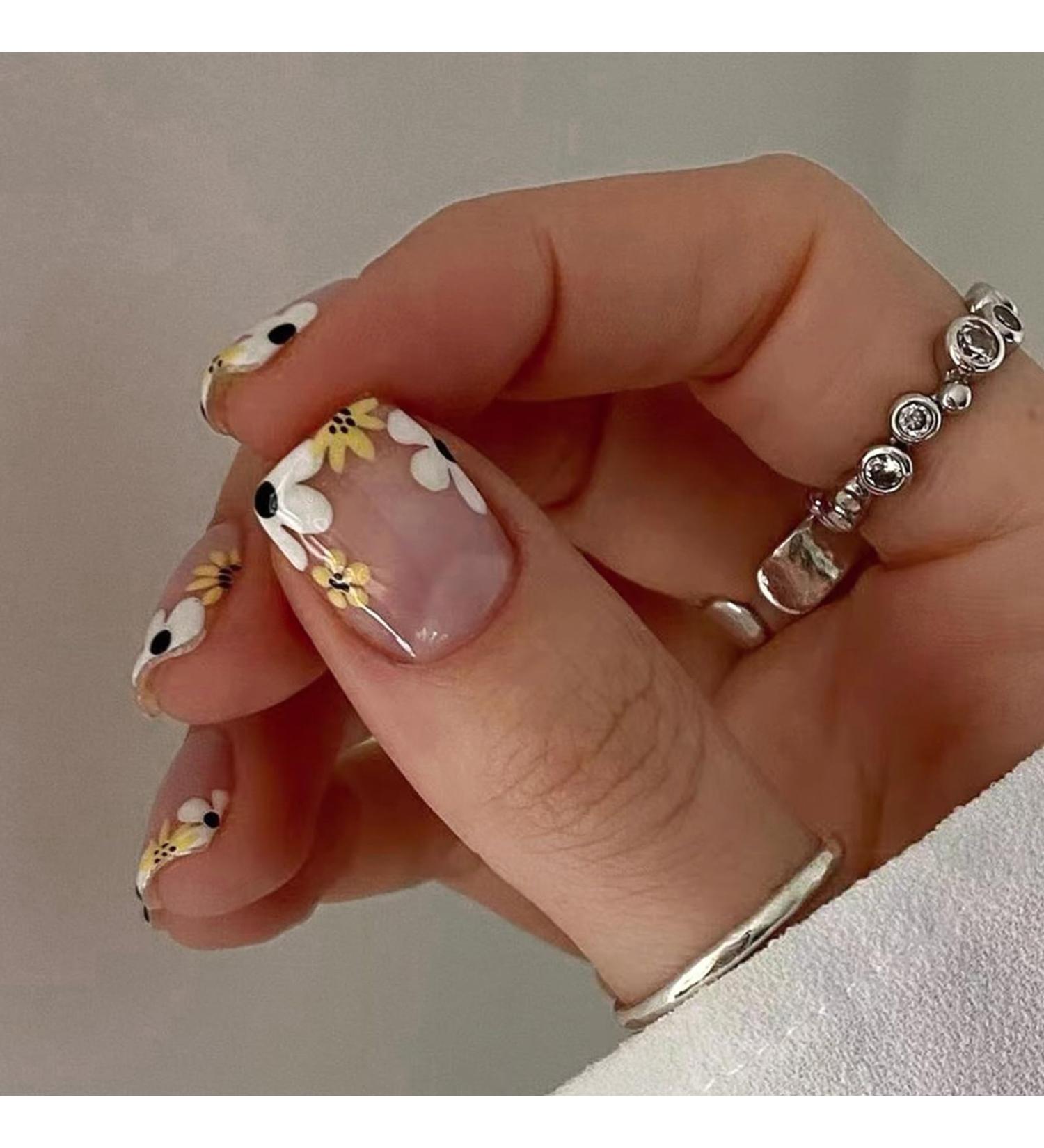 24 Pieces Short Angular Nude French Press On Nails - Acrylic Ballerina Fingernails with Flower Design for Women & Girls - Perfect Nail Art Manicure - Buy Online on GoSupps.com