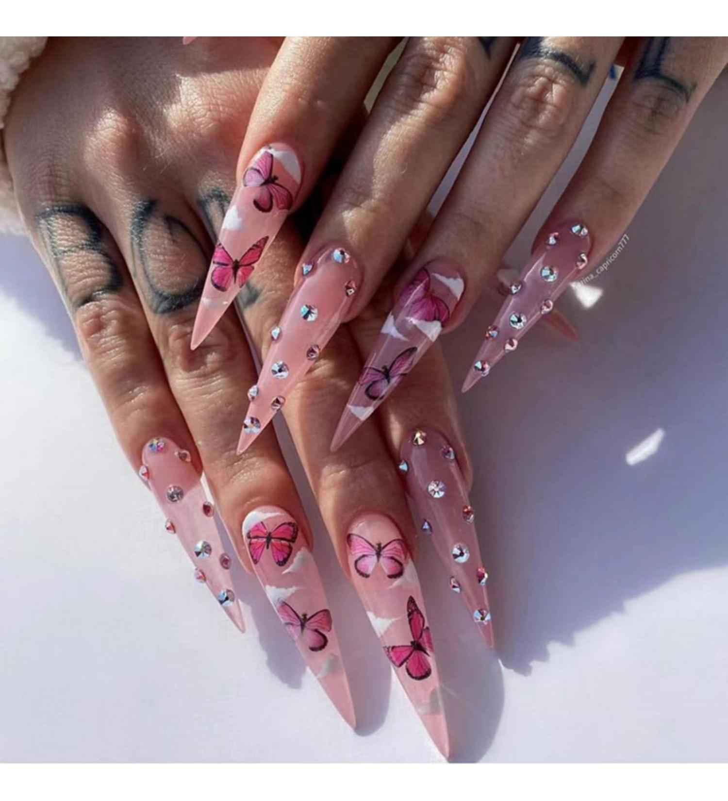 Justotry 24 Pcs Stiletto Butterfly Fake Nails - Pink French Press on Nails for Women - Buy Online on GoSupps.com