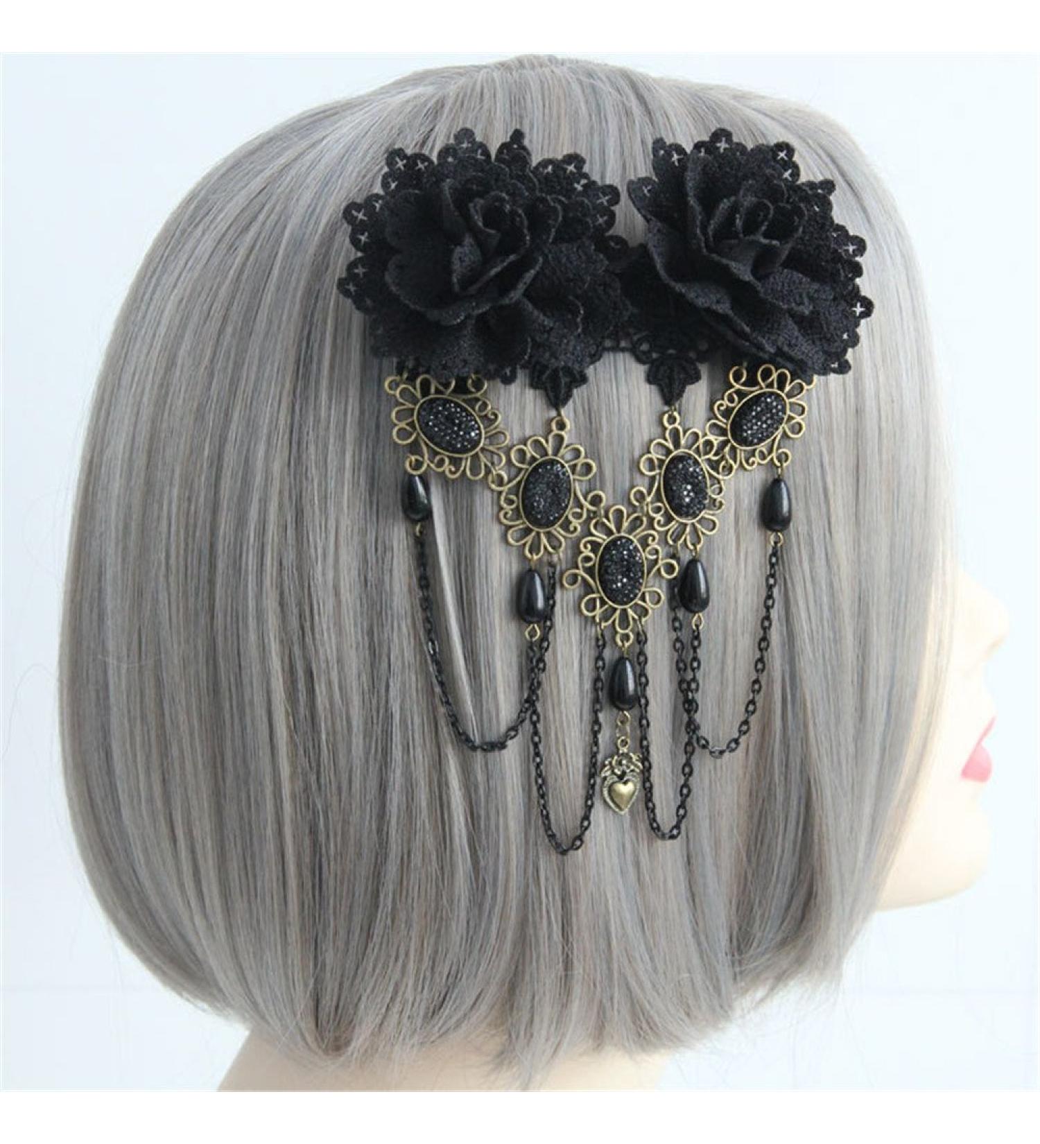 Black Lace Rose Flower Hair Clip with Pearl Chain Tassels - Gothic Vintage Hair Barrette for Women - Buy Online on GoSupps.com