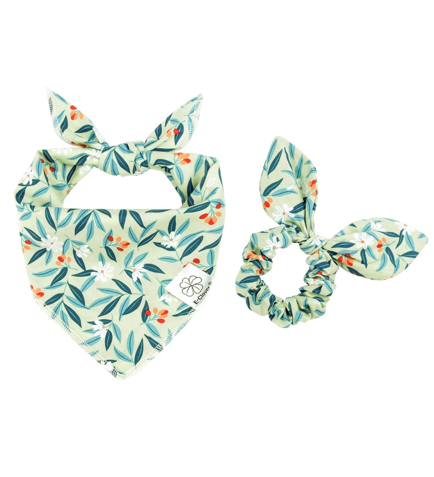 Green Dog Bandana & Matching Scrunchie Set for Medium Large Dogs - Pet Owner Gift - Washable Kerchief Bibs - Birthday Gift - 05-Green White - Large - Buy Online on GoSupps.com